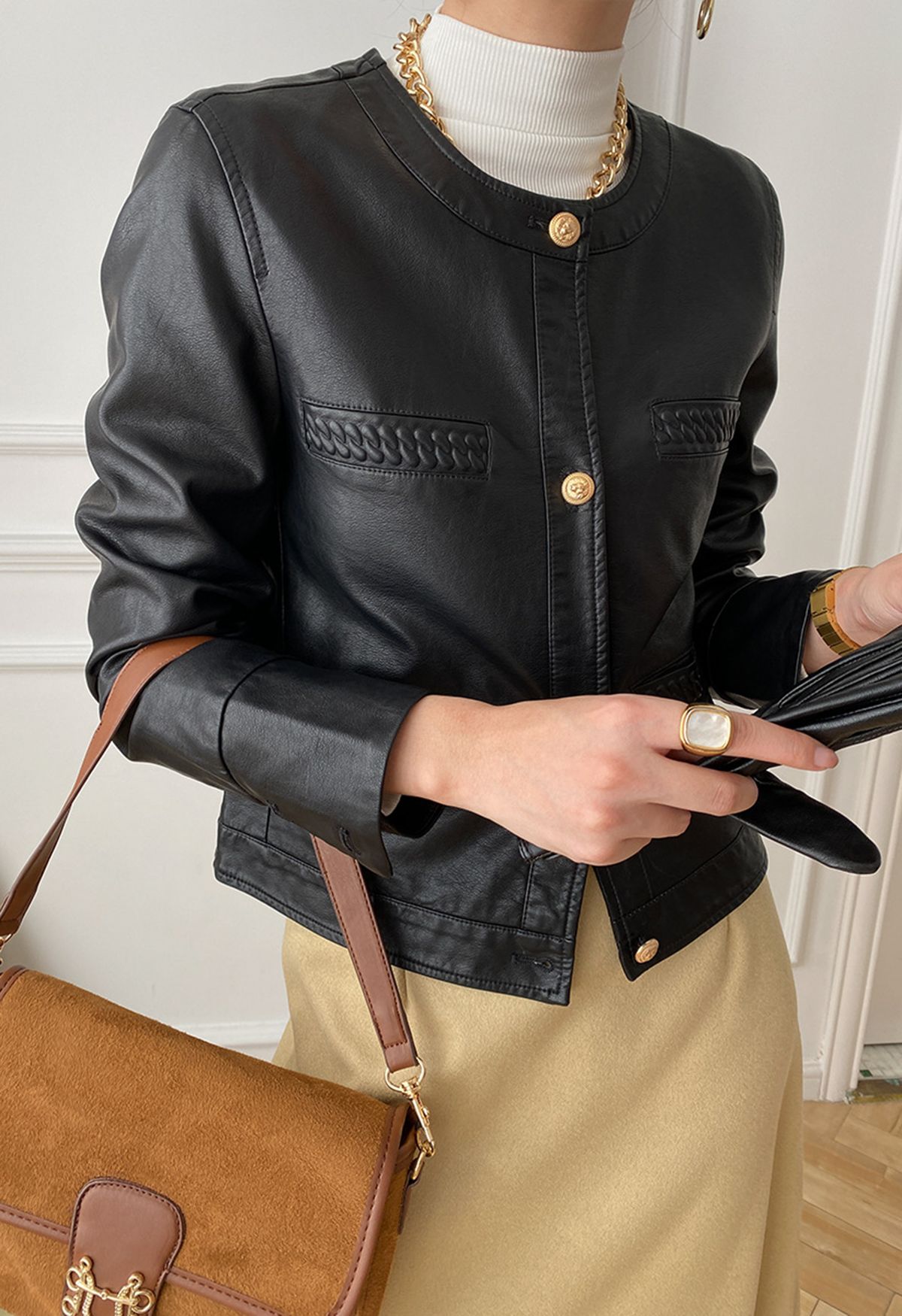 Welt Pocket Trim Faux Leather Jacket in Black