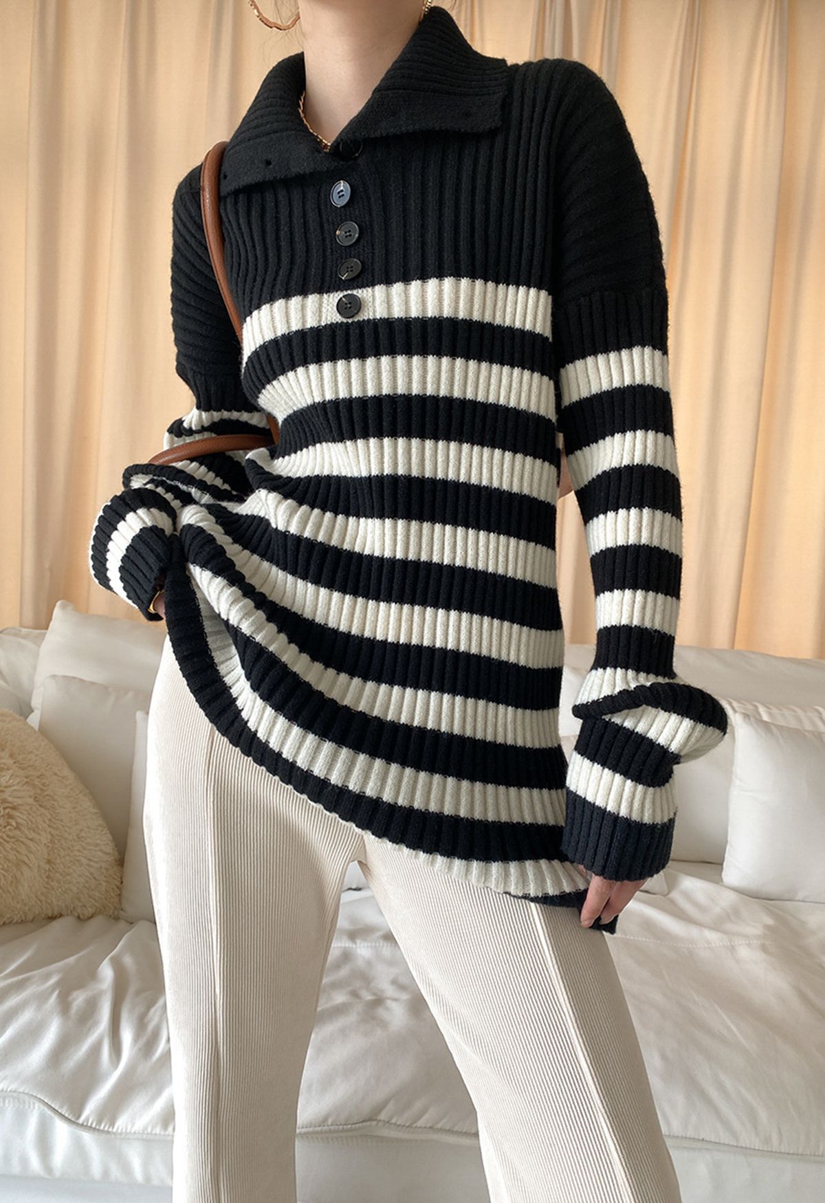 Stripes Buttoned High Neck Knit Sweater in Black