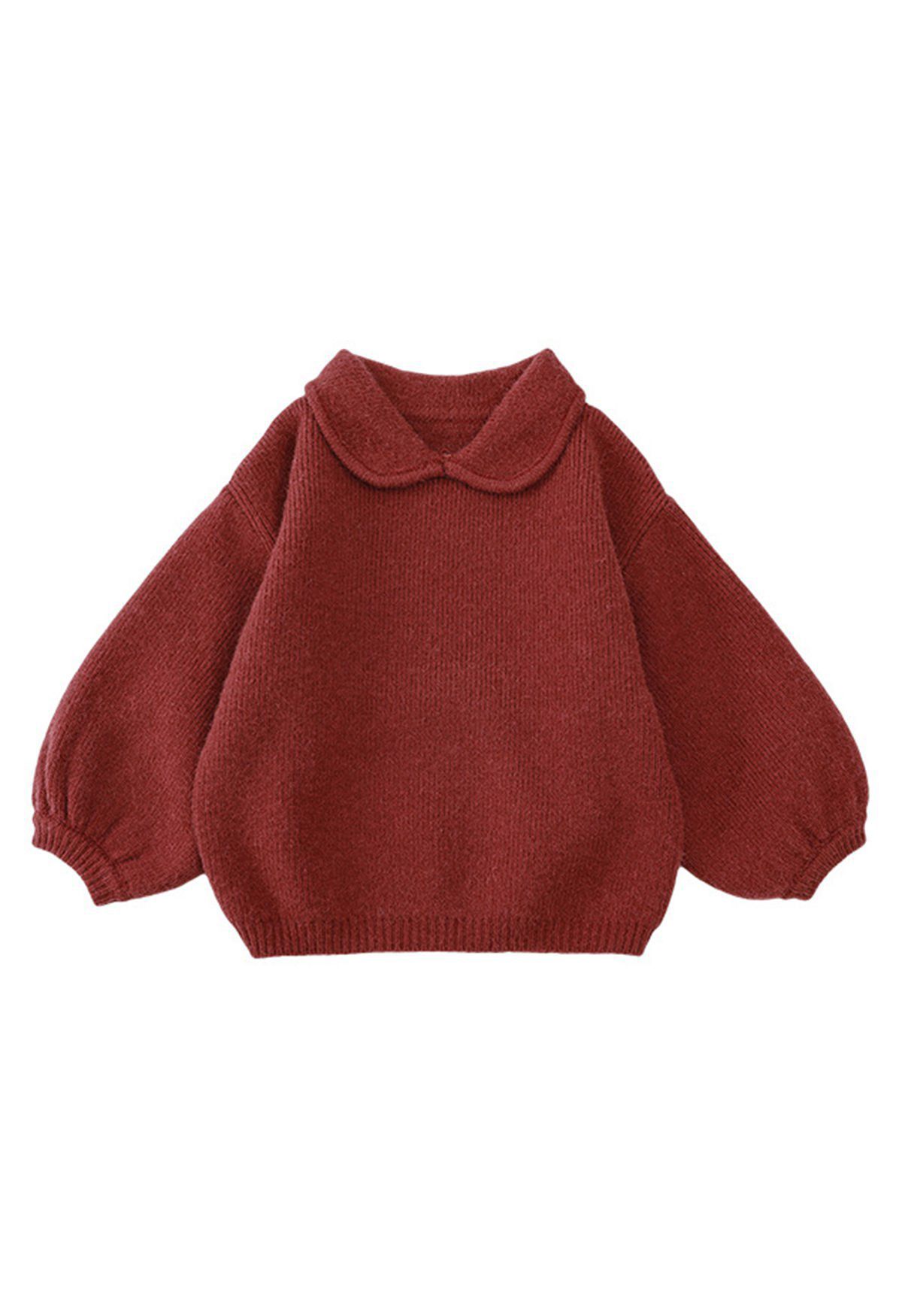 Doll Collar Puff Sleeves Sweater in Red For Kids