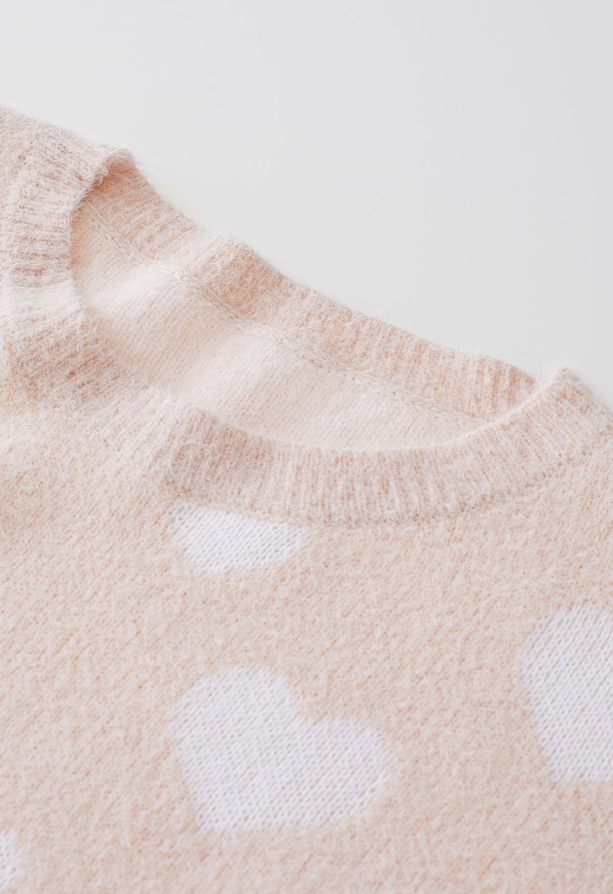 Fuzzy Contrast Heart Knit Sweater in Nude Pink