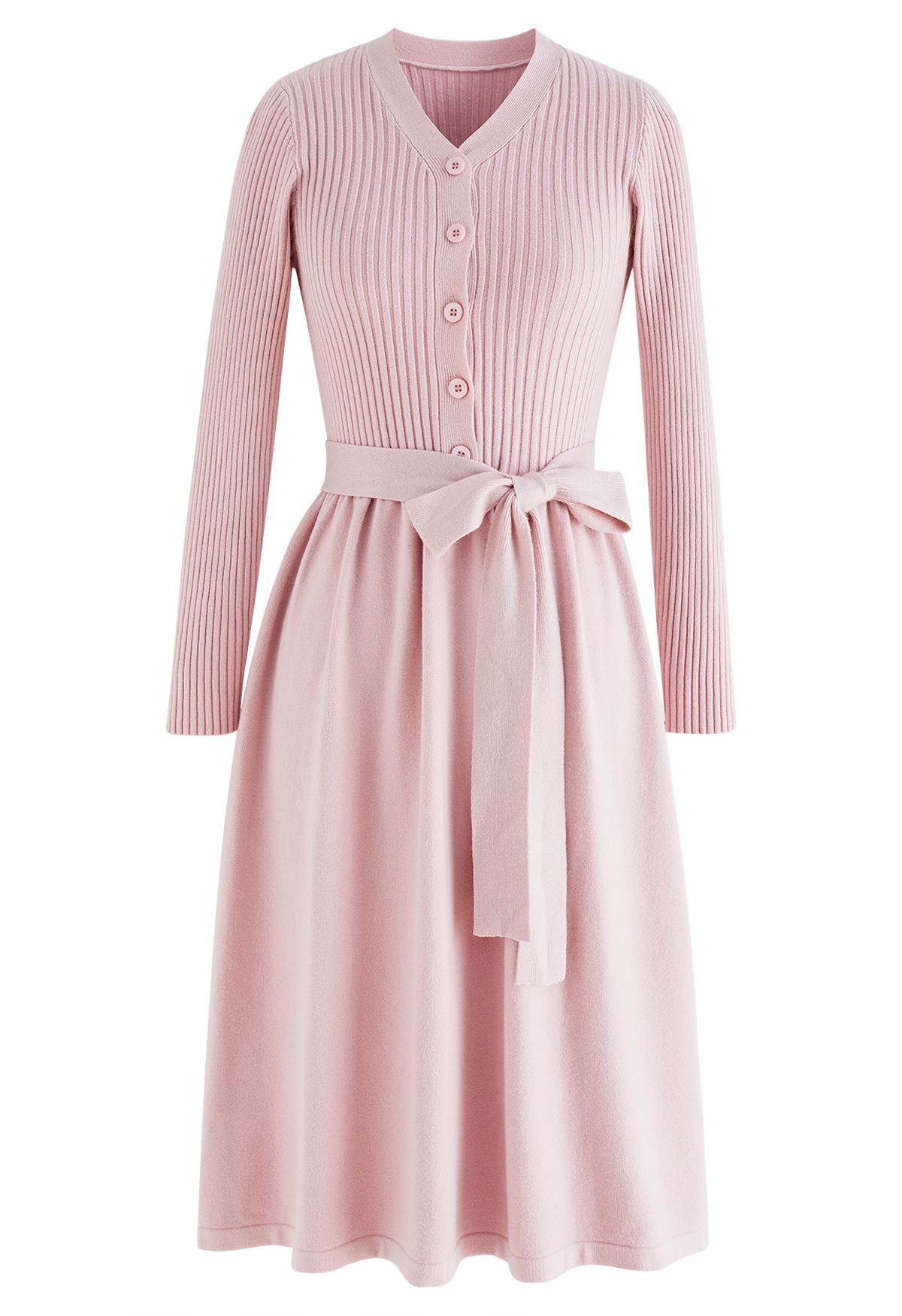 V-Neck Bowknot Waist Buttoned Knit Dress in Pink