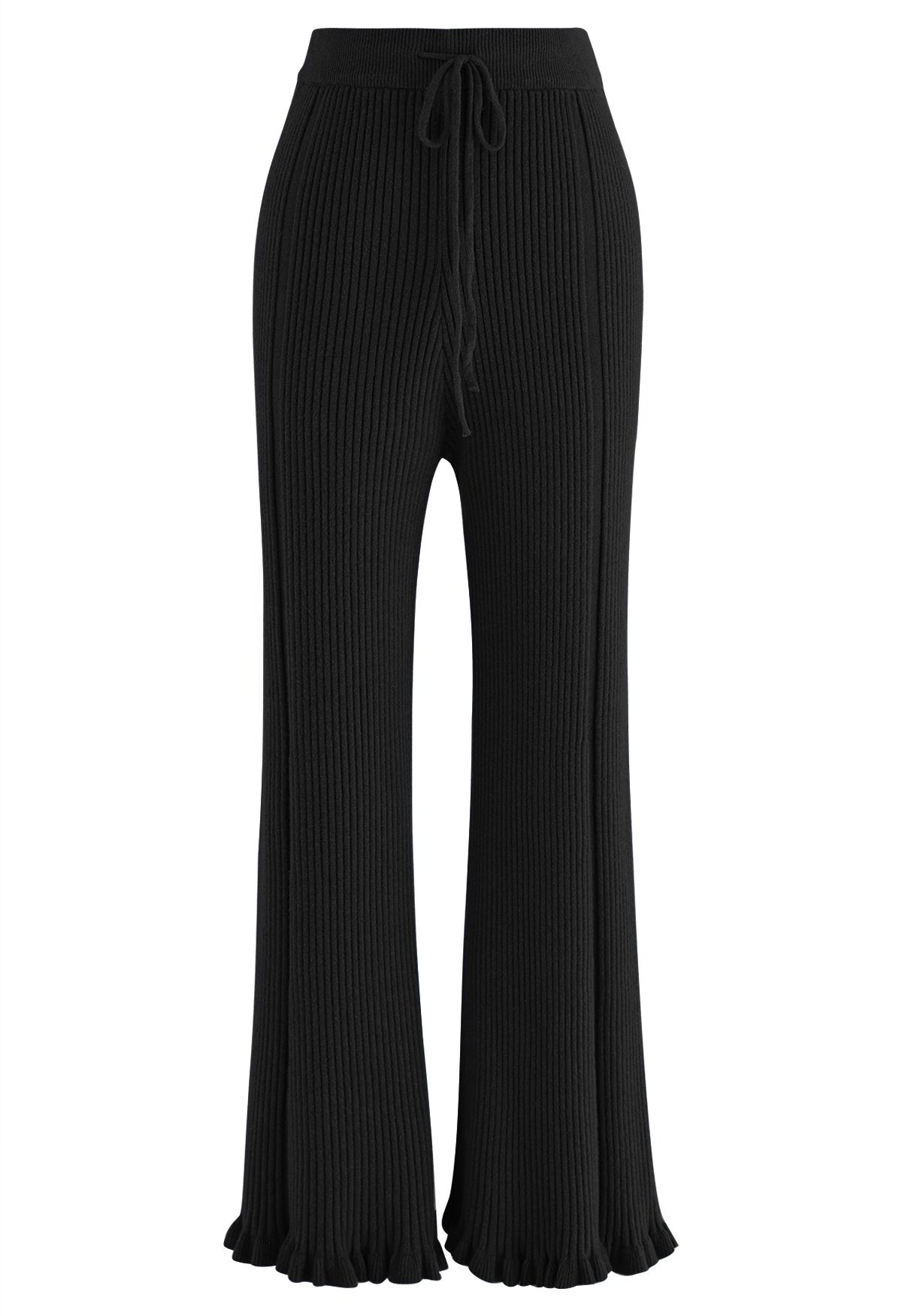 Ruffle Flare Hem Ribbed Knit Pants in Black - Retro, Indie and