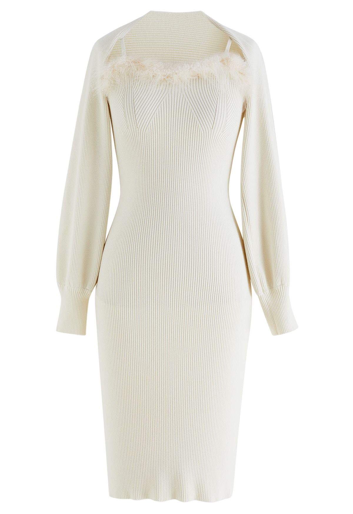 Feathered Ribbed Knit Twinset Dress in Cream