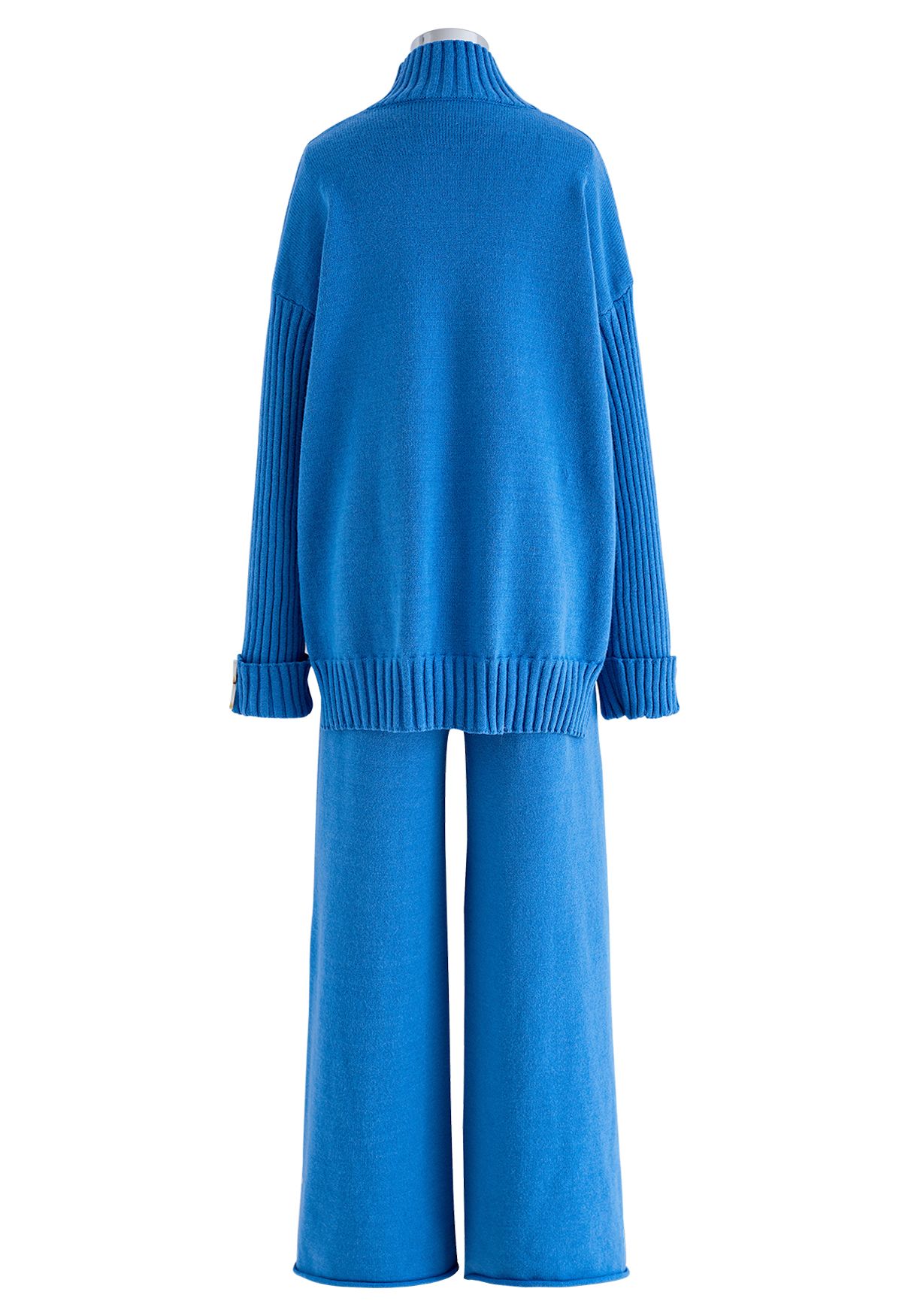 High Neck Buttoned Cuff Sweater and Knit Pants Set in Blue