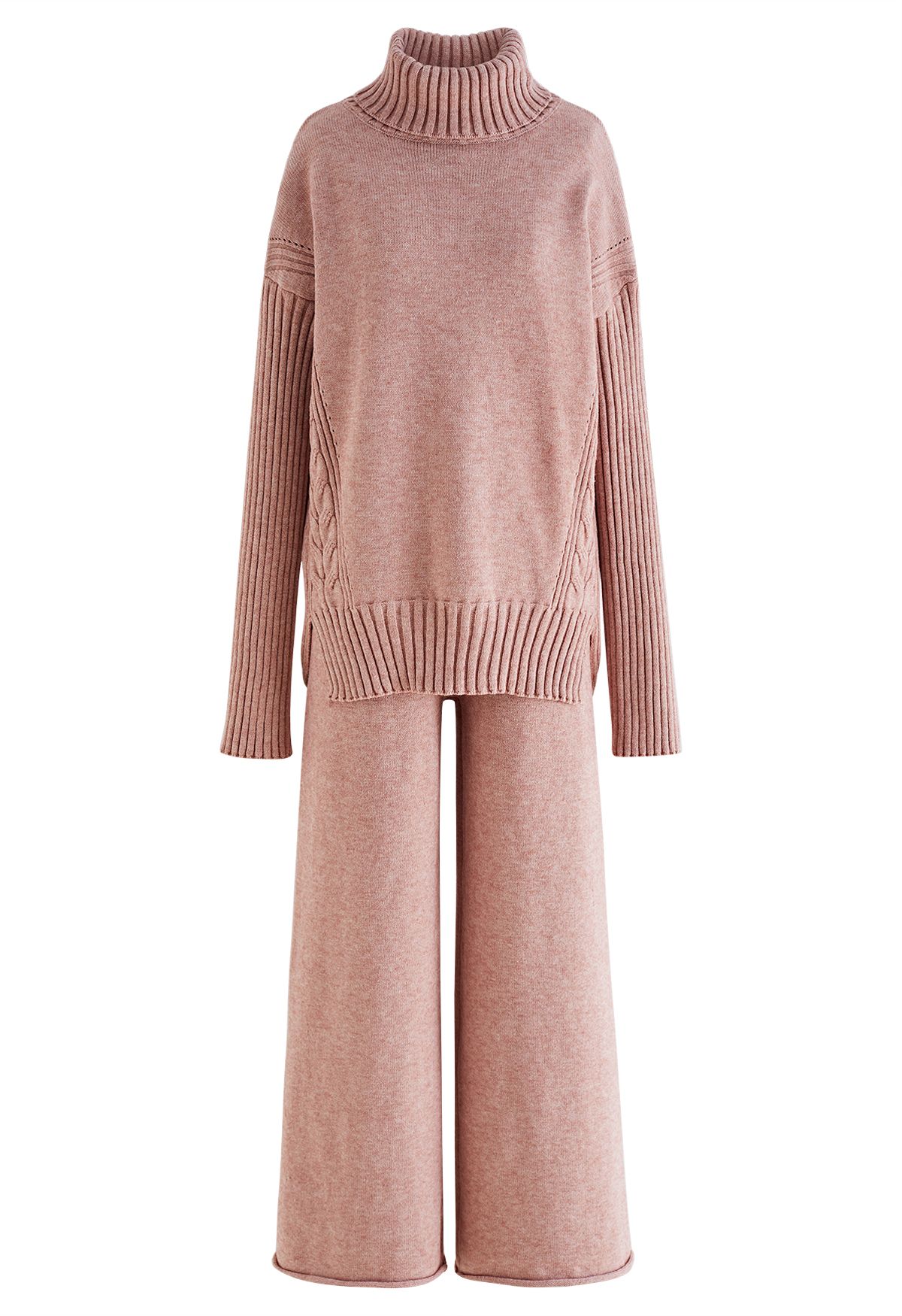 Turtleneck Hi-Lo Sweater and Knit Pants Set in Pink