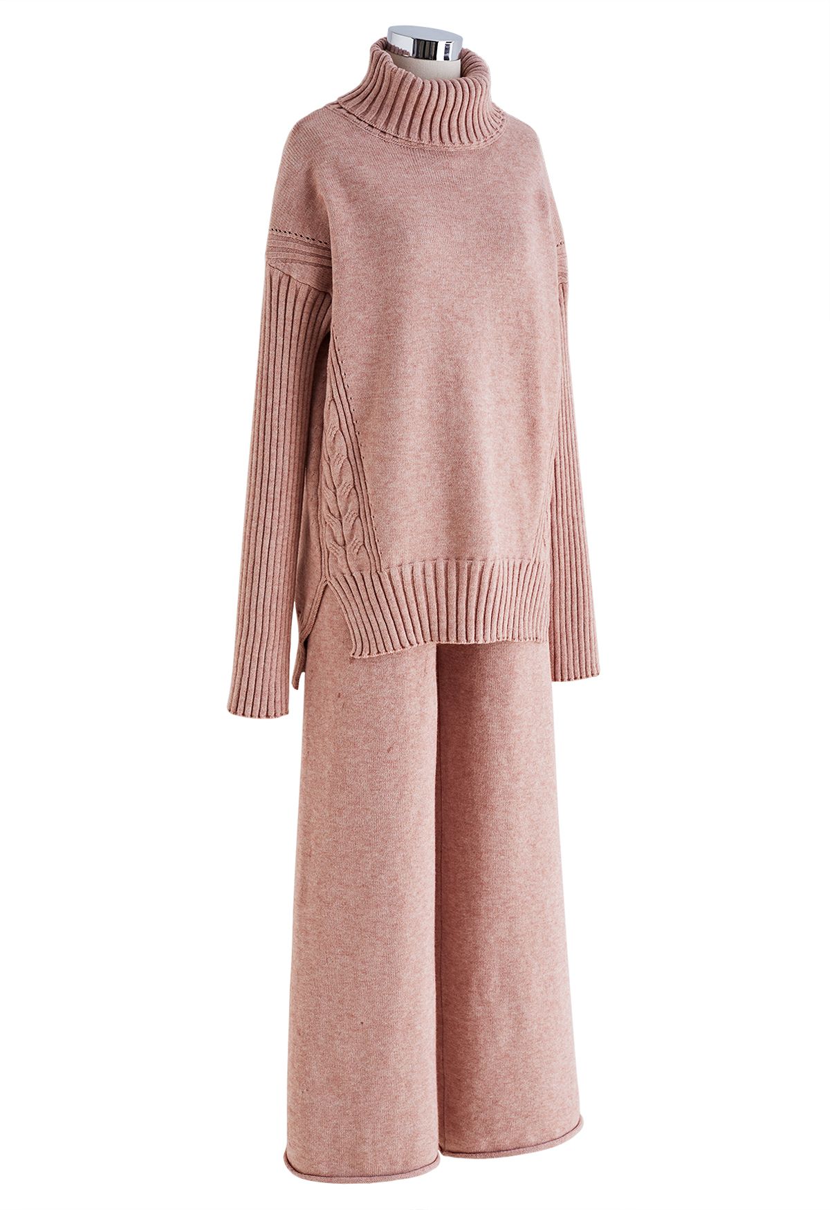 Turtleneck Hi-Lo Sweater and Knit Pants Set in Pink