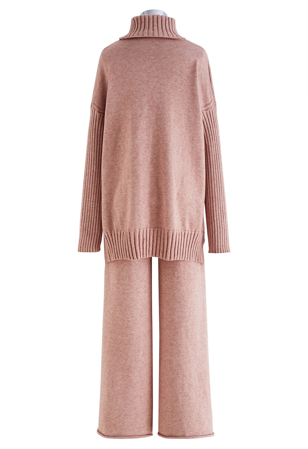 Turtleneck Hi-Lo Sweater and Knit Pants Set in Pink