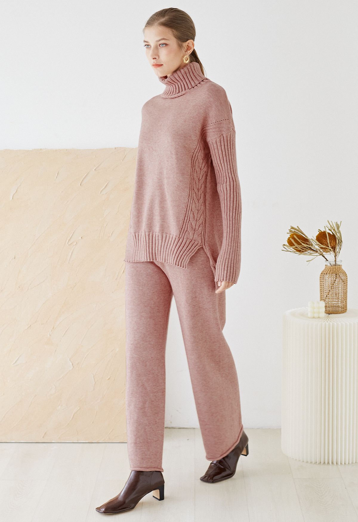 Turtleneck Hi-Lo Sweater and Knit Pants Set in Pink