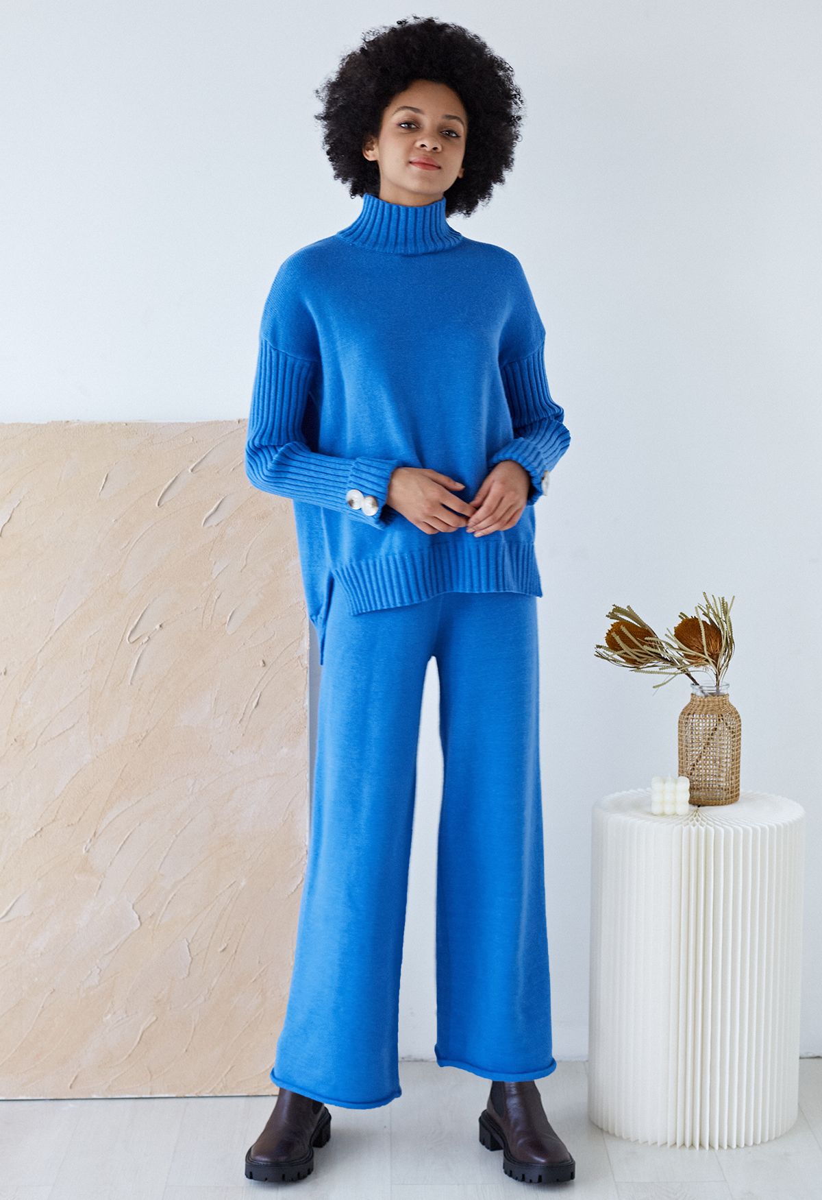 High Neck Buttoned Cuff Sweater and Knit Pants Set in Blue