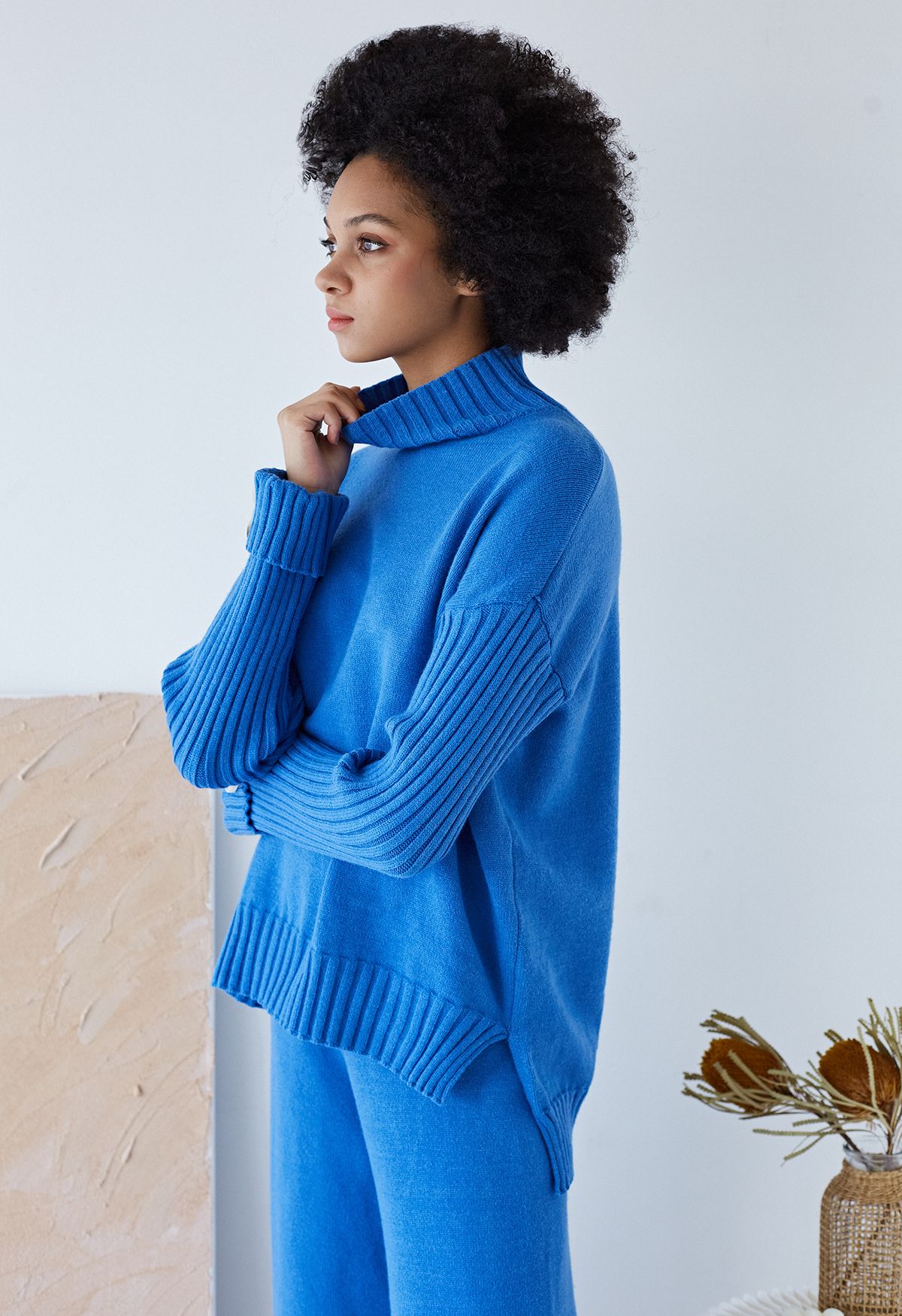 High Neck Buttoned Cuff Sweater and Knit Pants Set in Blue