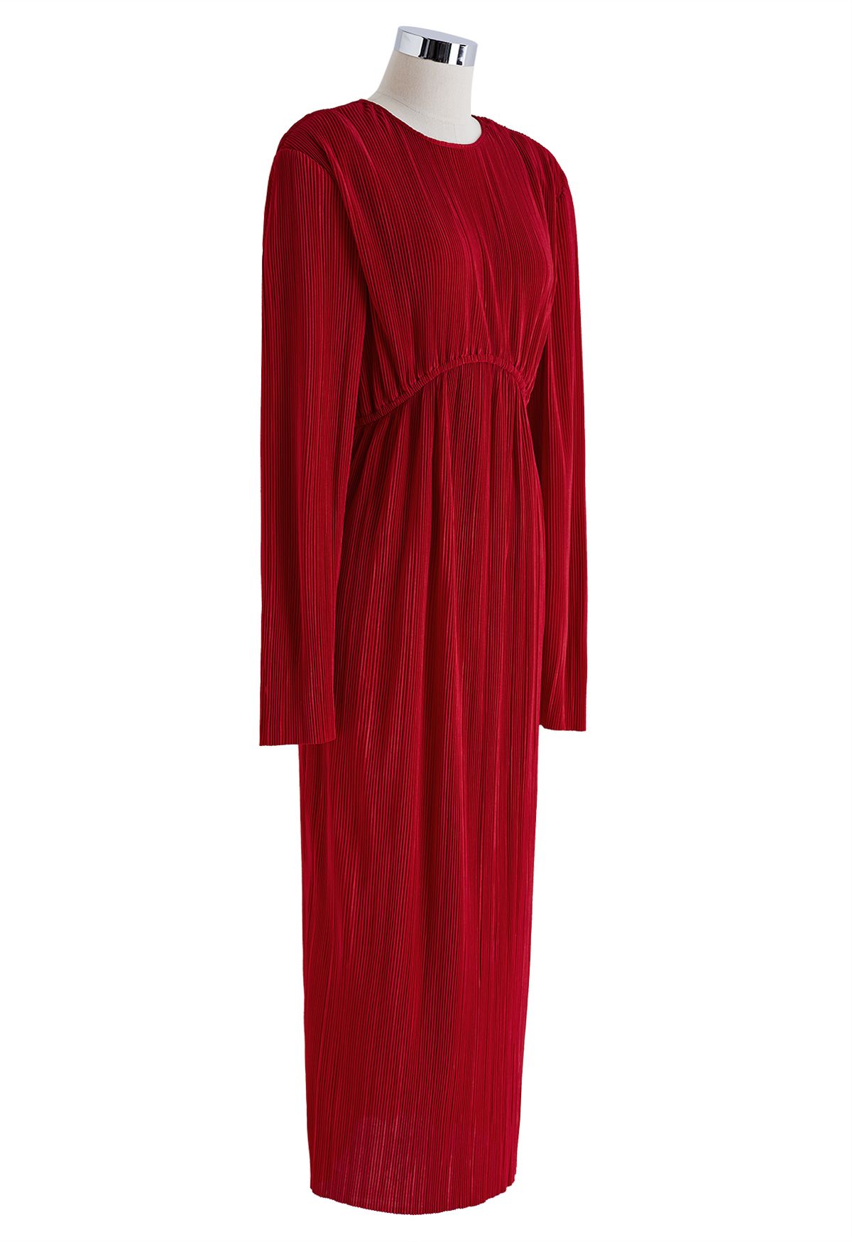 Pad Shoulder Open Back Plisse Midi Dress in Red