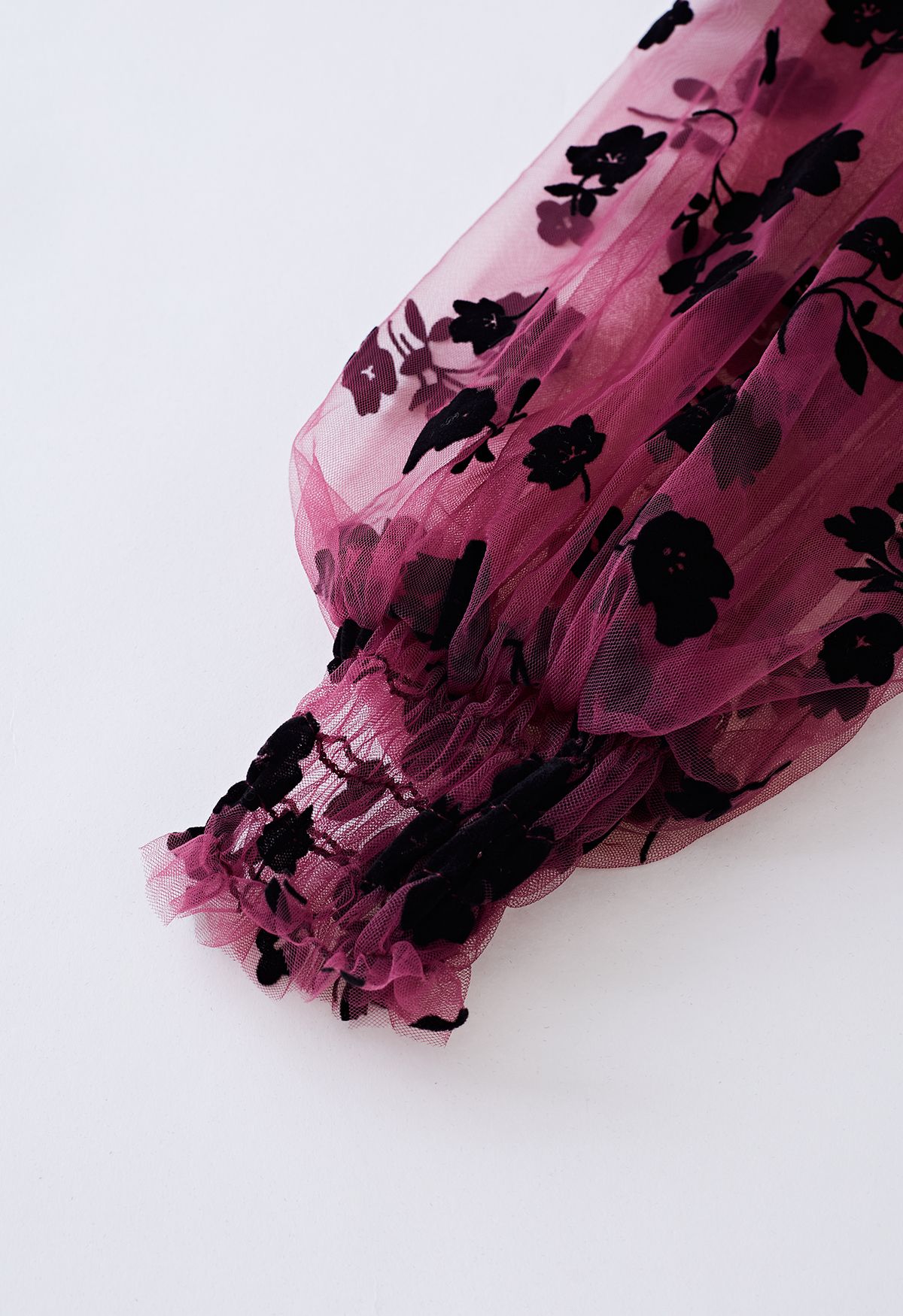 3D Posy Mesh Wrap Maxi Dress in Burgundy