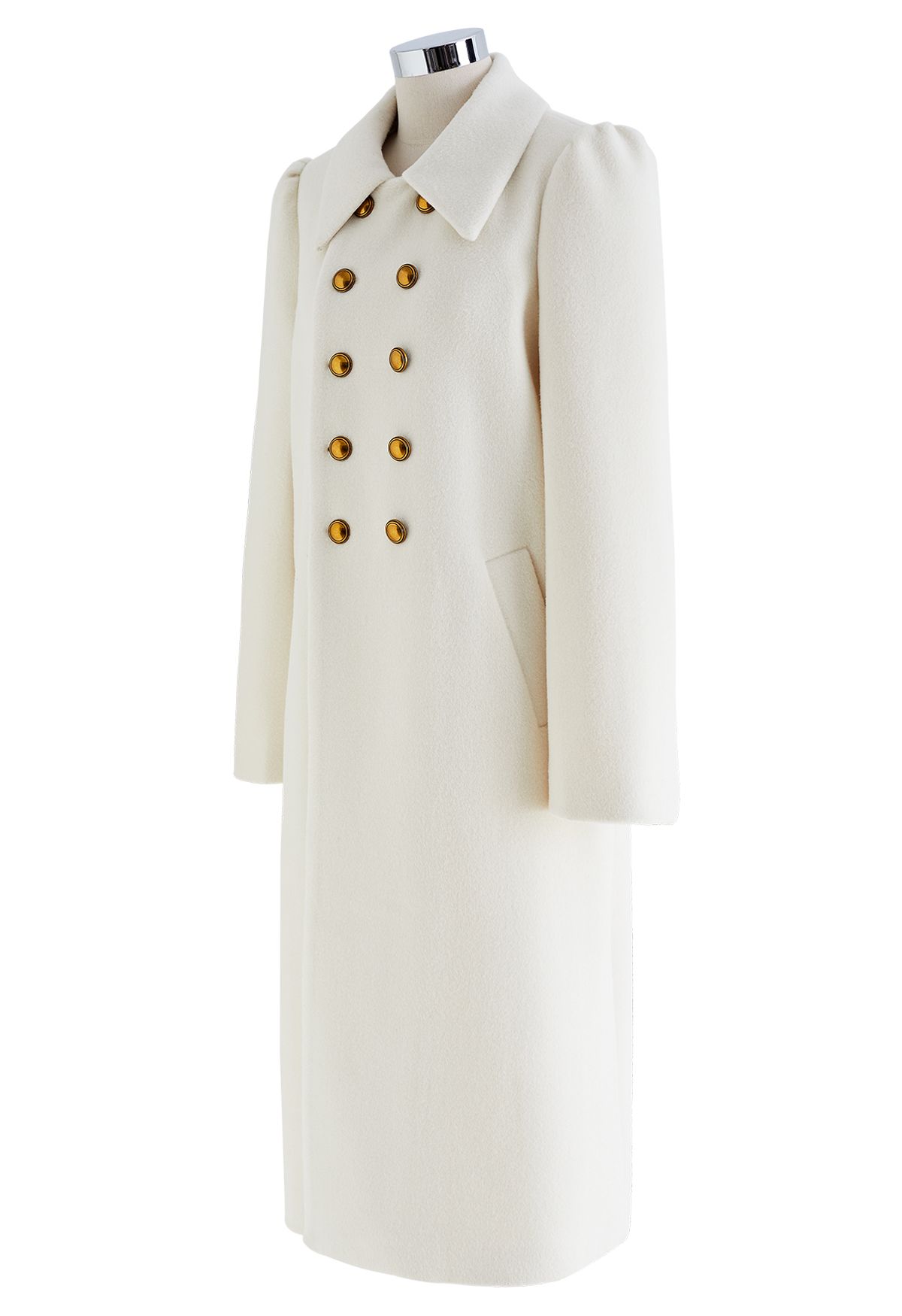 Straight Cut Double-Breasted Wool-Blend Coat in Ivory