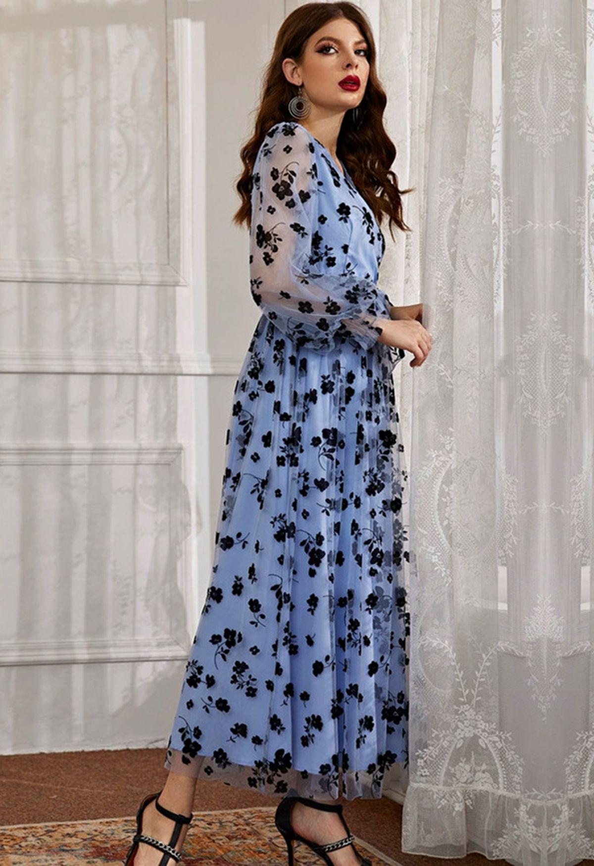 3D Posy Mesh Wrap Maxi Dress in Blue