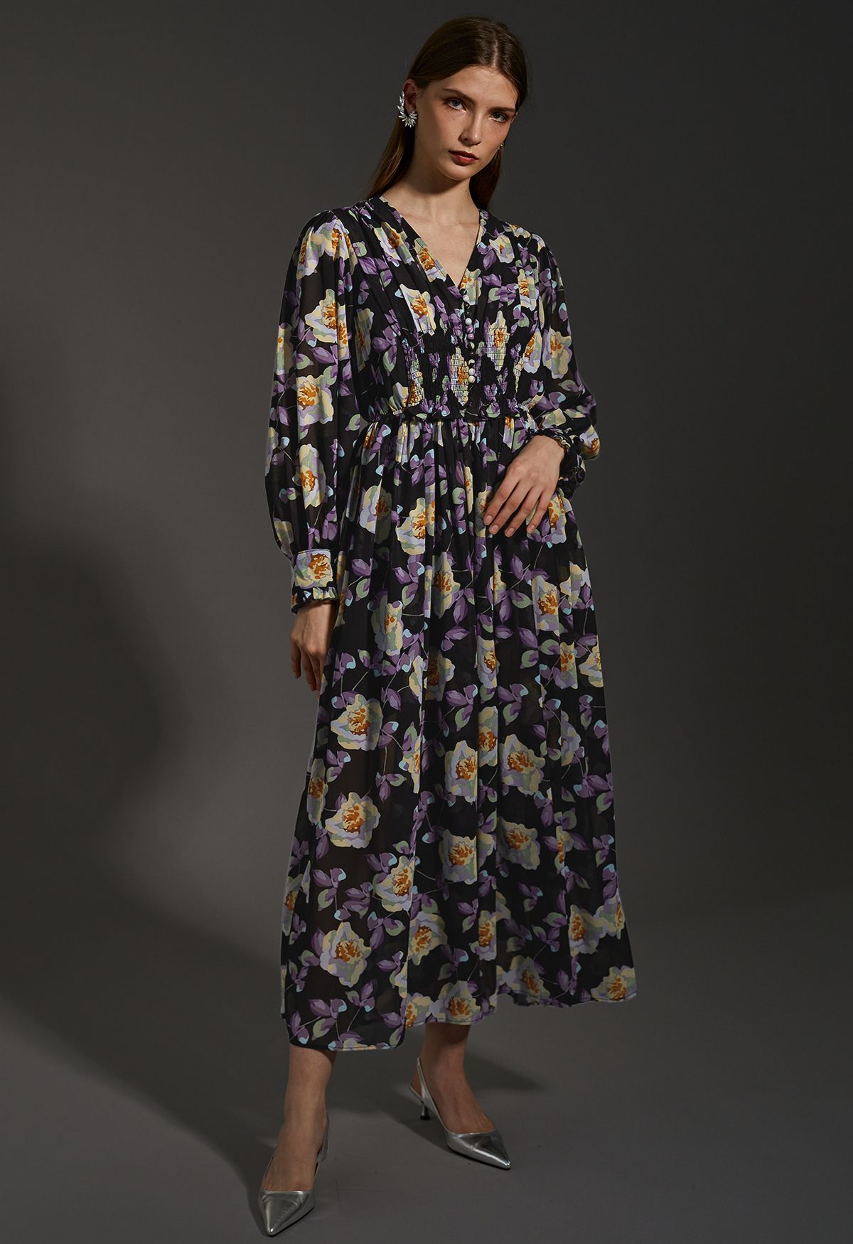 V-Neck Floral Shirred Chiffon Dress