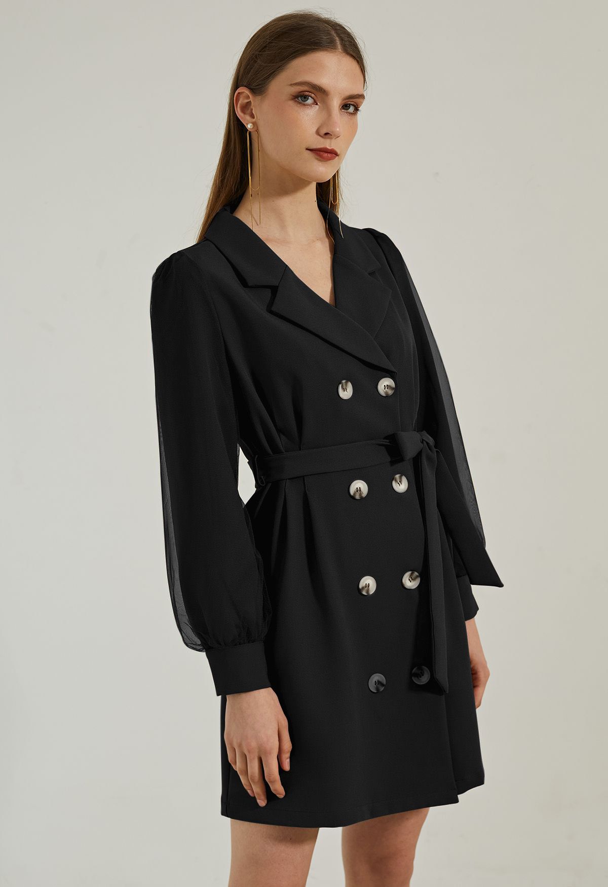 Mesh Overlay Sleeve Double Breasted Blazer Dress in Black