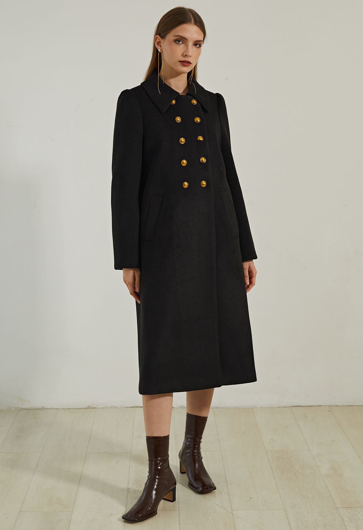 Straight Cut Double-Breasted Wool-Blend Coat in Black