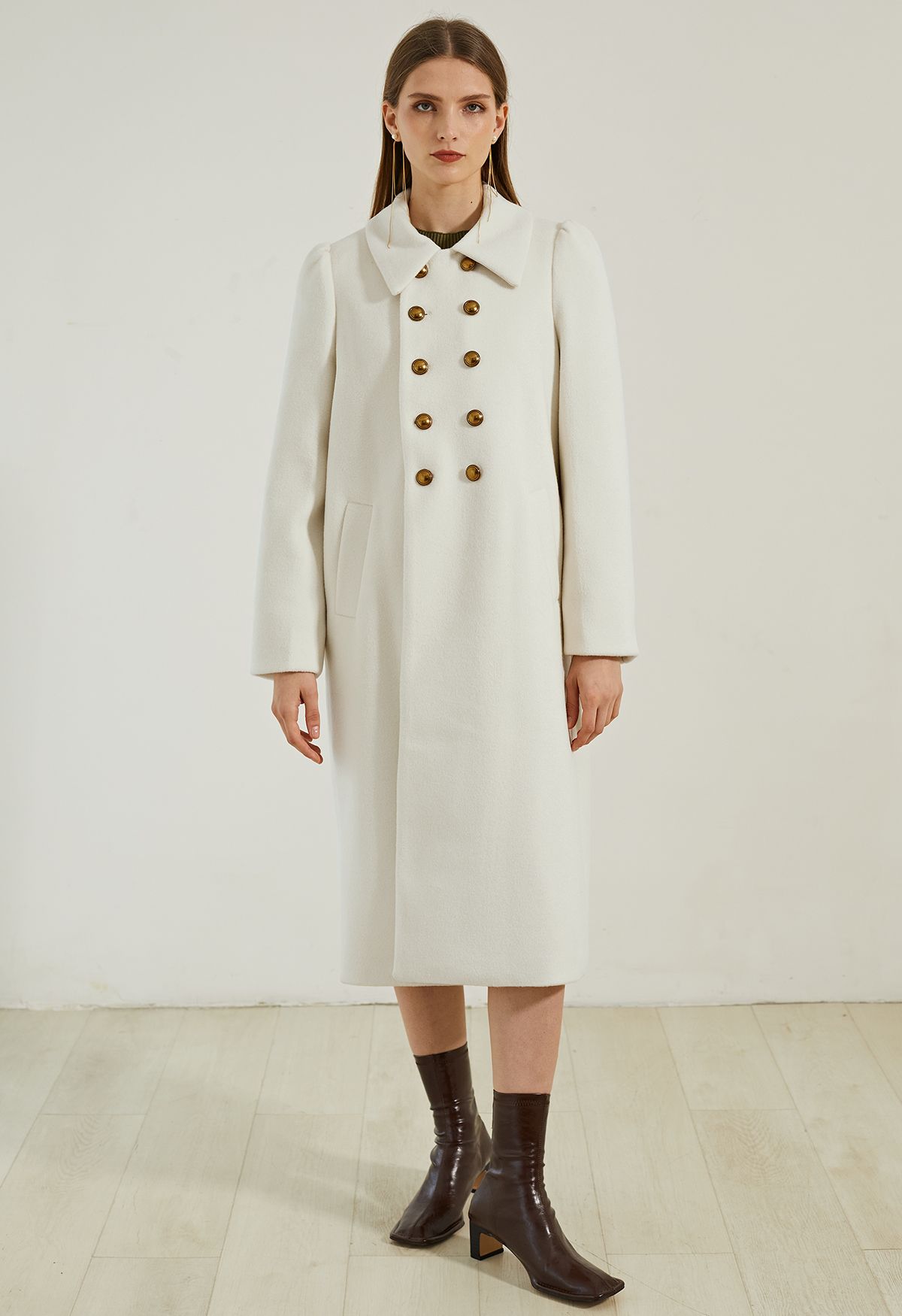 Straight Cut Double-Breasted Wool-Blend Coat in Ivory