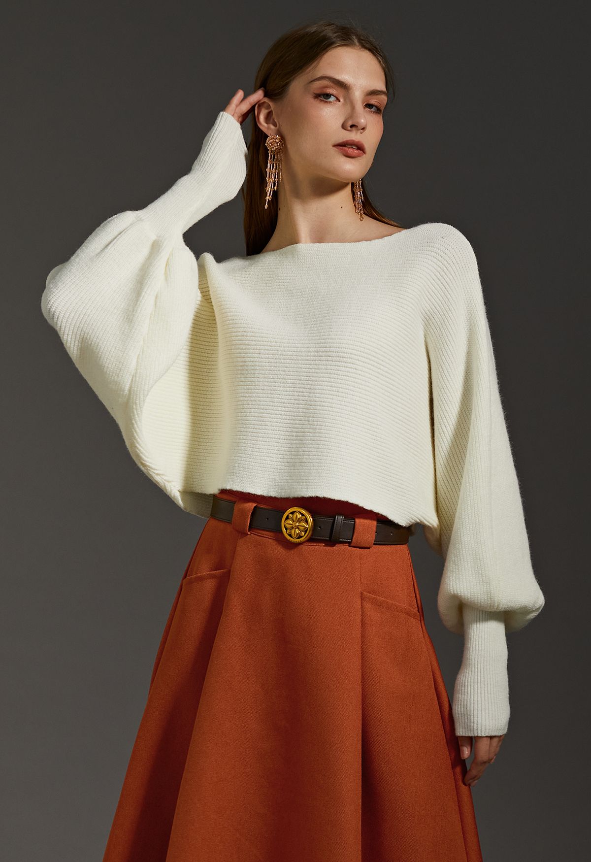 Exaggerated Bubble Sleeve Boat Neck Knit Top in Cream
