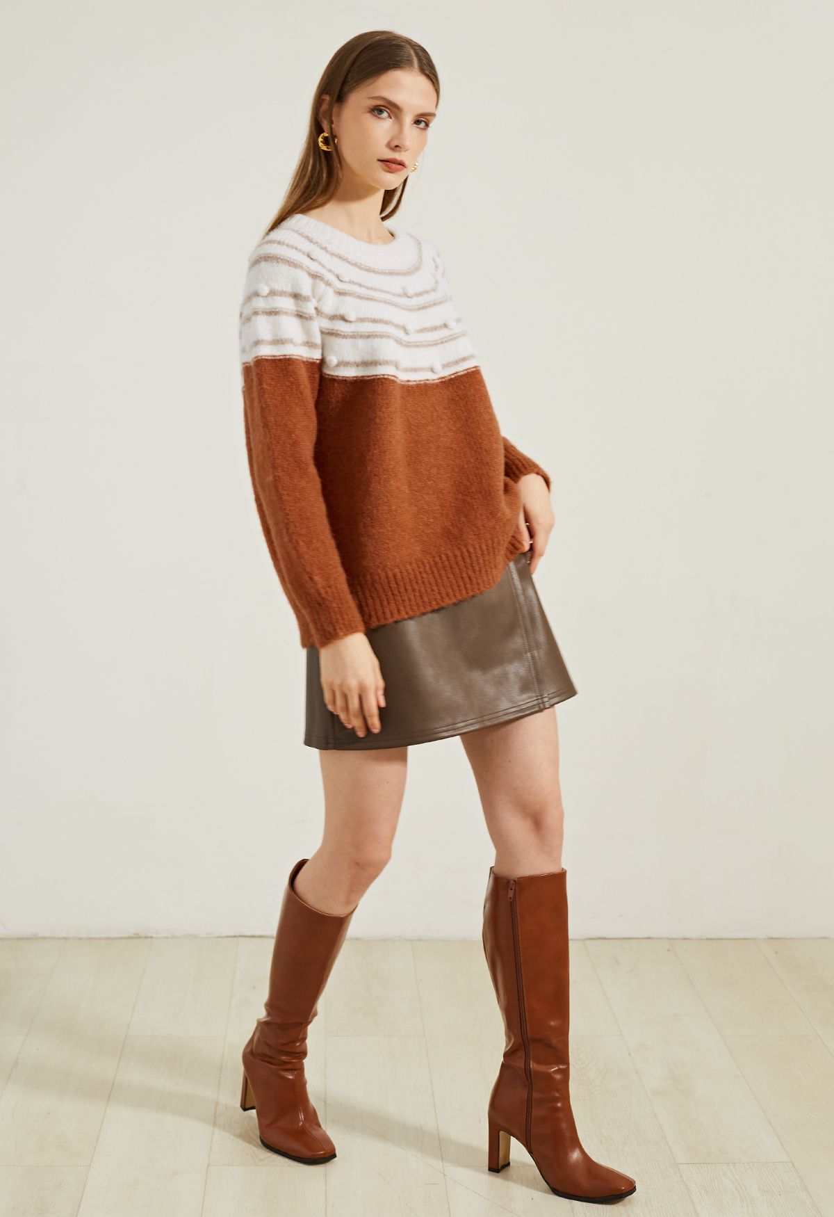Pom-Pom Fuzzy Slouchy Knit Sweater in Caramel