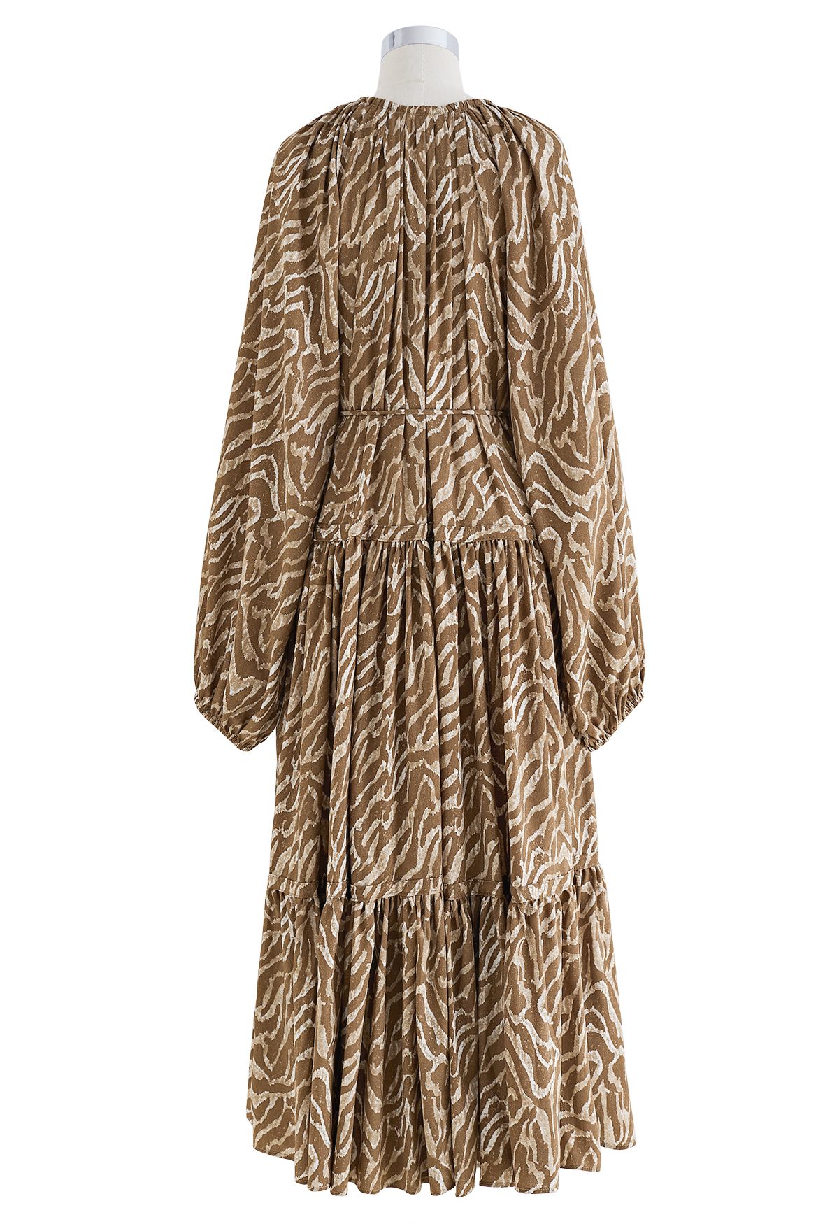 V-Neck Zebra Print Midi Dress in Brown