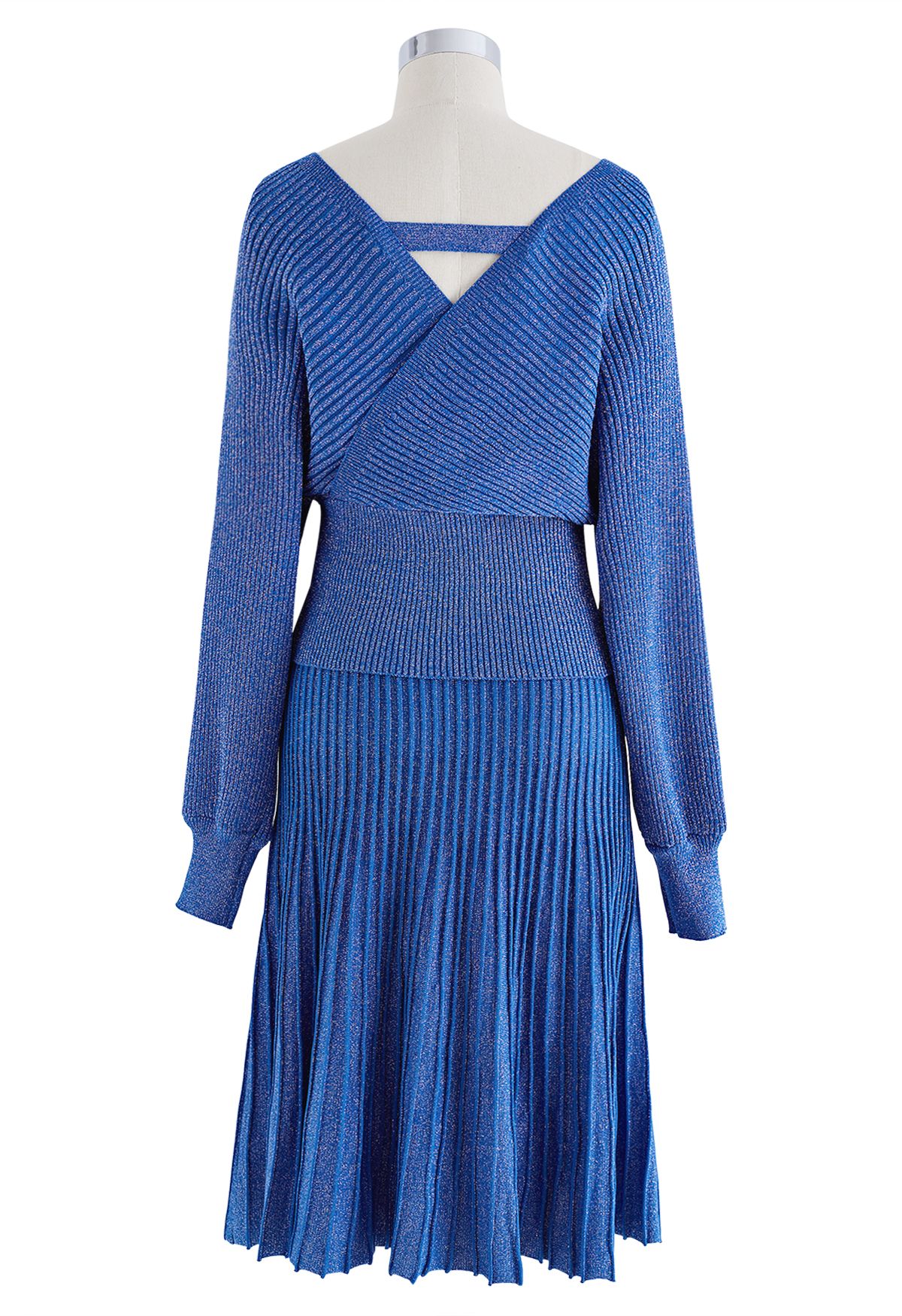 Glittering Ribbed Wrap Top and Pleated Skirt Knit Set in Blue