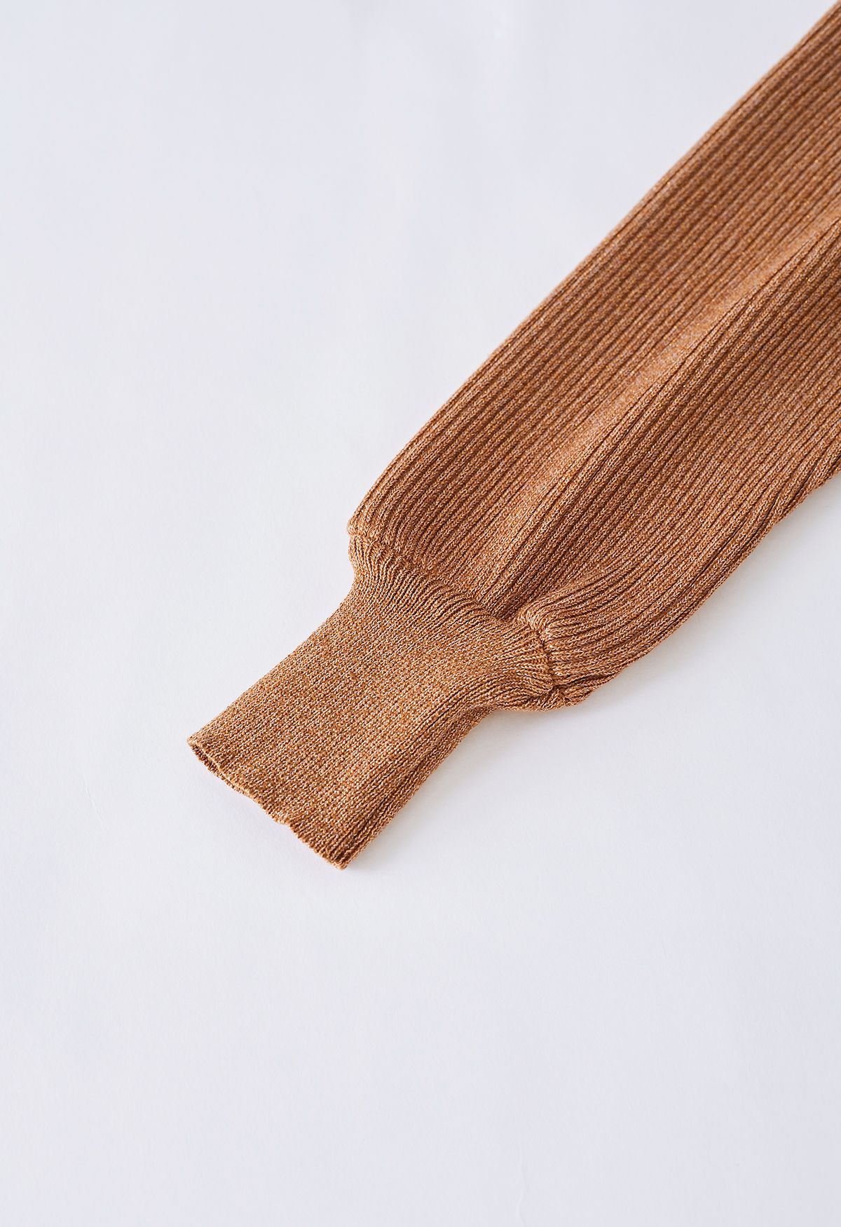 Glittering Ribbed Wrap Top and Pleated Skirt Knit Set in Caramel