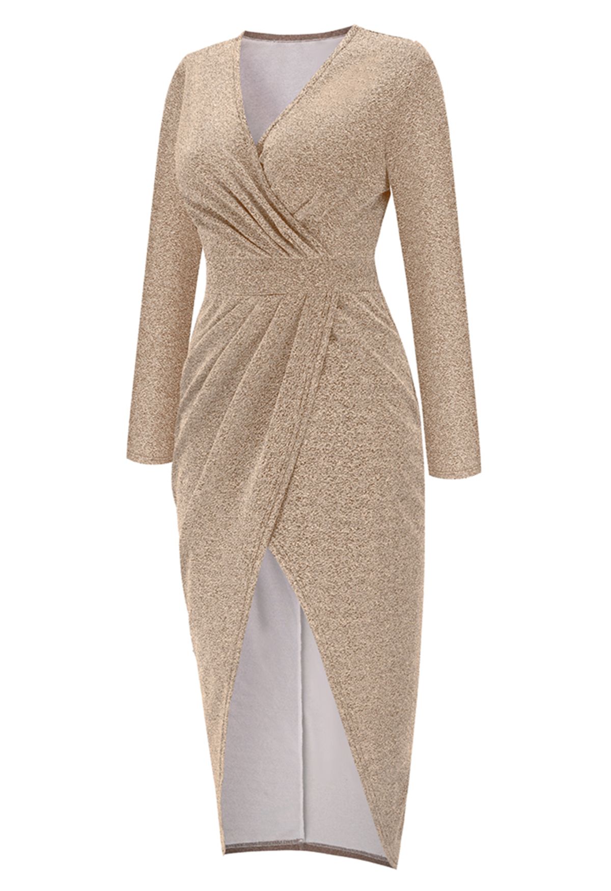 Shimmer Faux-Wrap Ruched Front Tulip Dress in Gold