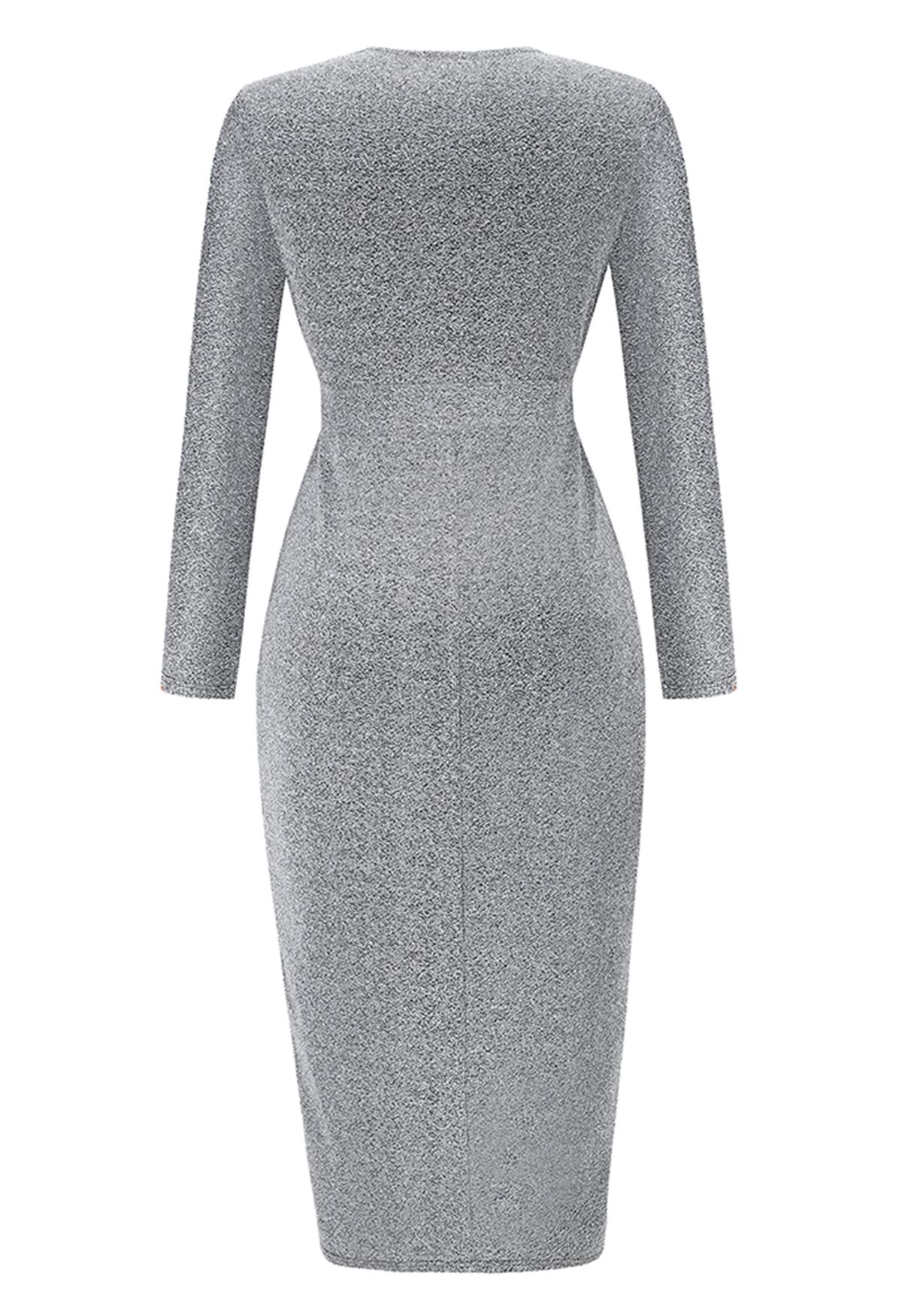Shimmer Faux-Wrap Ruched Front Tulip Dress in Silver