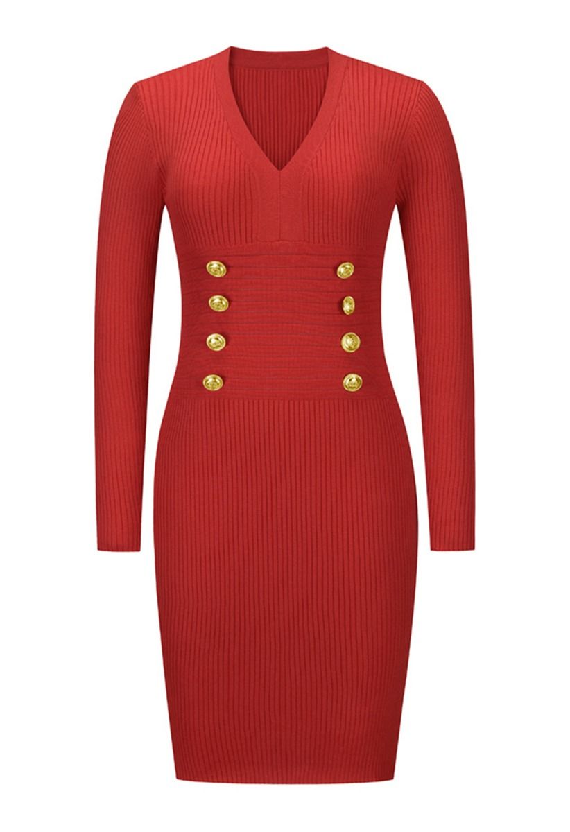 Decorous Gold Button Fitted Knit Dress in Red