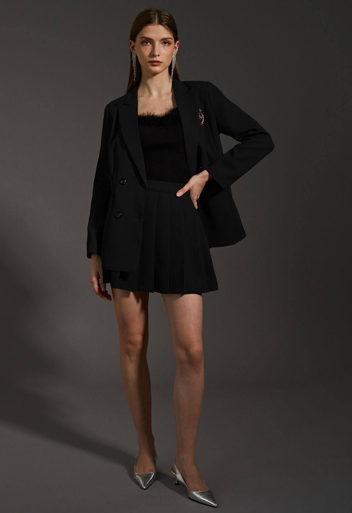 Bee Badge Solid Color Blazer and Skirt Set in Black