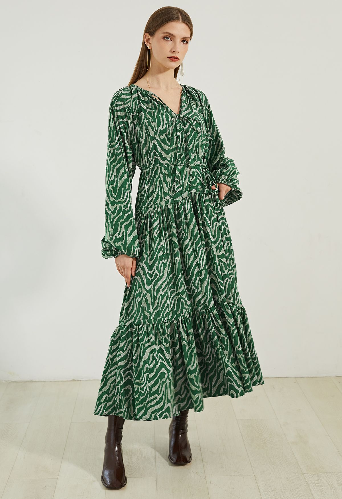 V-Neck Zebra Print Midi Dress in Green