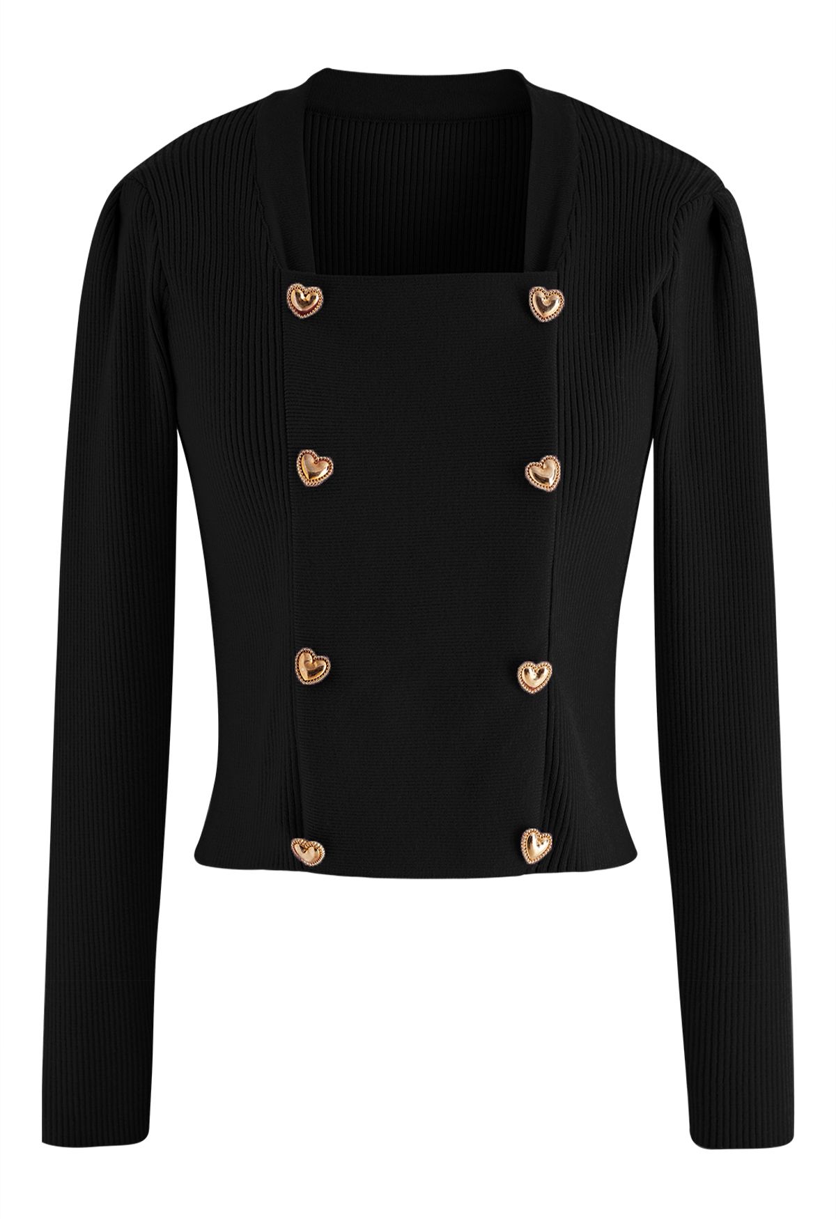 Heart-Shape Buttons Square Neck Knit Top in Black