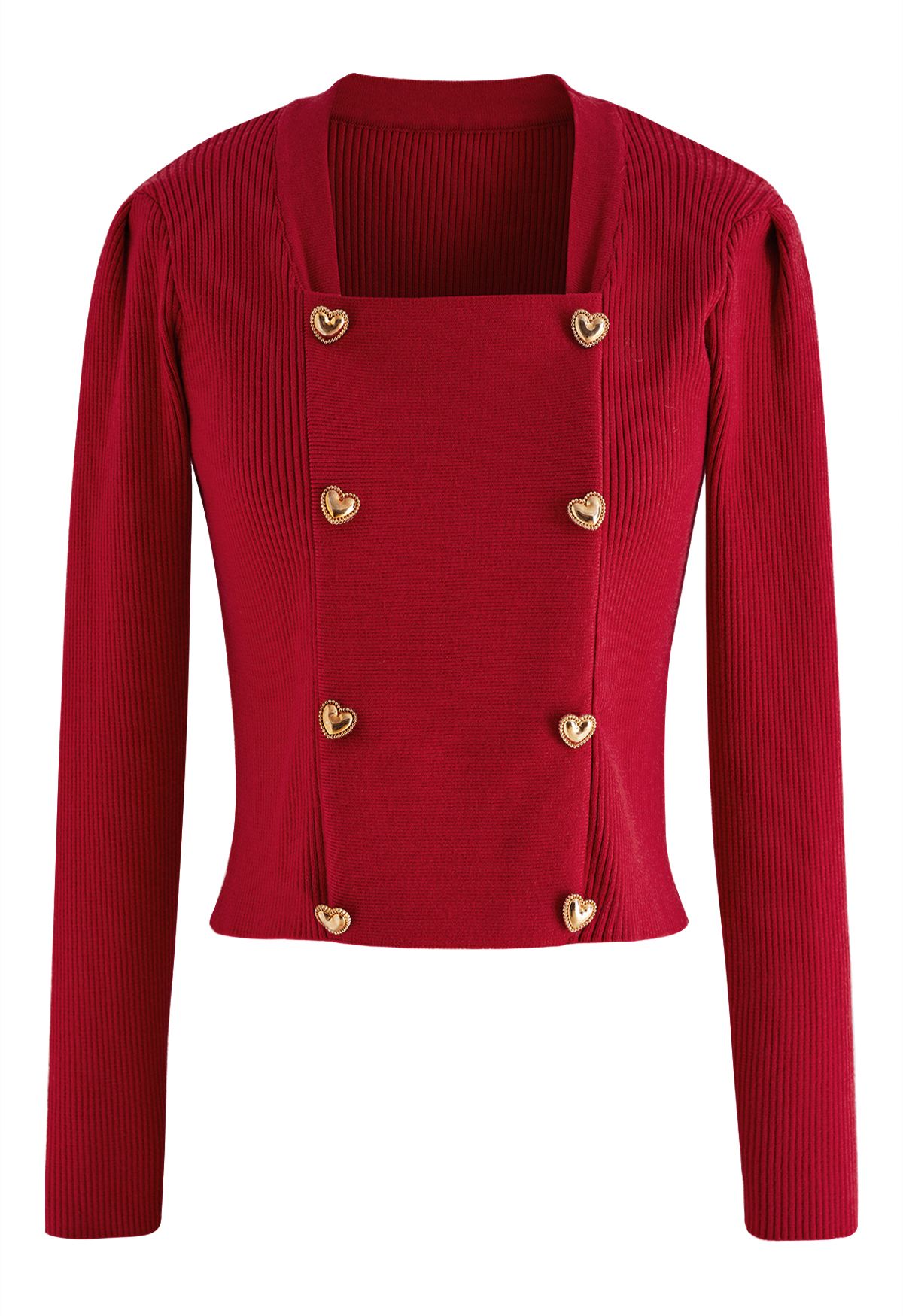 Heart-Shape Buttons Square Neck Knit Top in Red