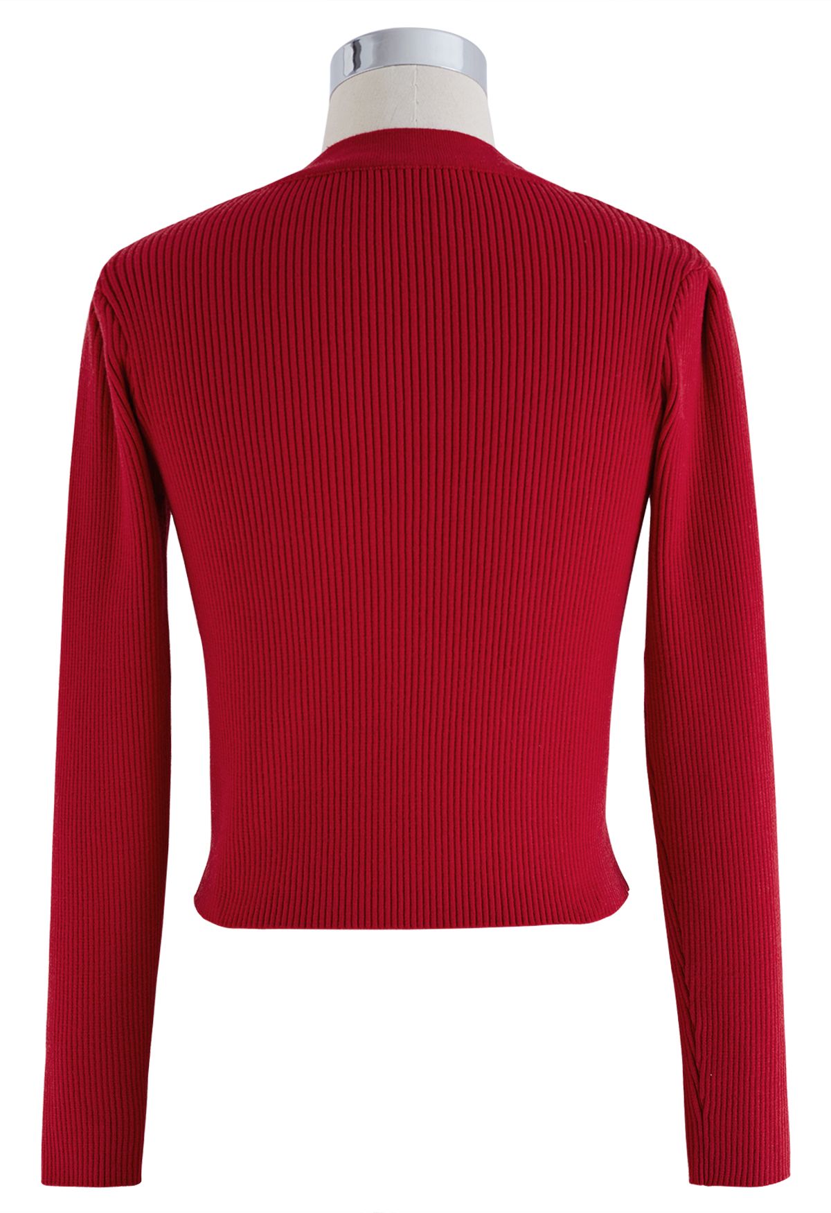 Heart-Shape Buttons Square Neck Knit Top in Red