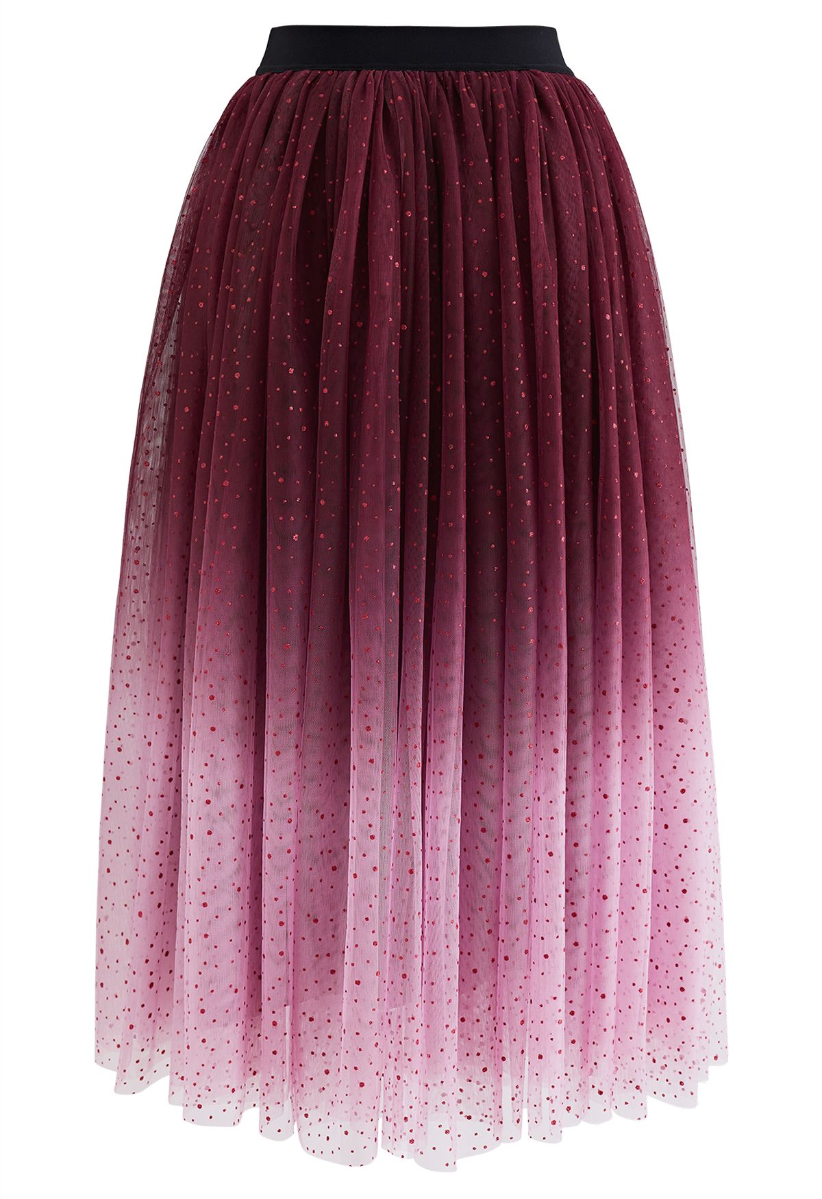 Festive Sparkle Ombre Tulle Midi Skirt in Burgundy