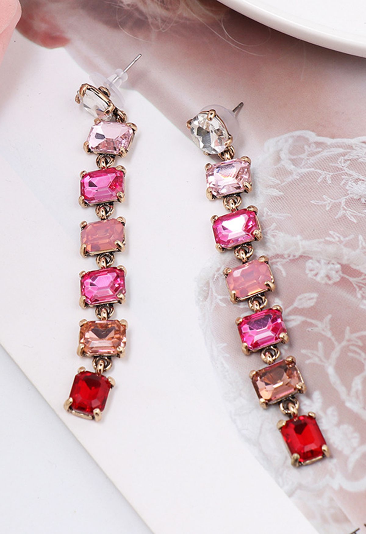 Ombre Rectangle Crystal Earrings in Pink