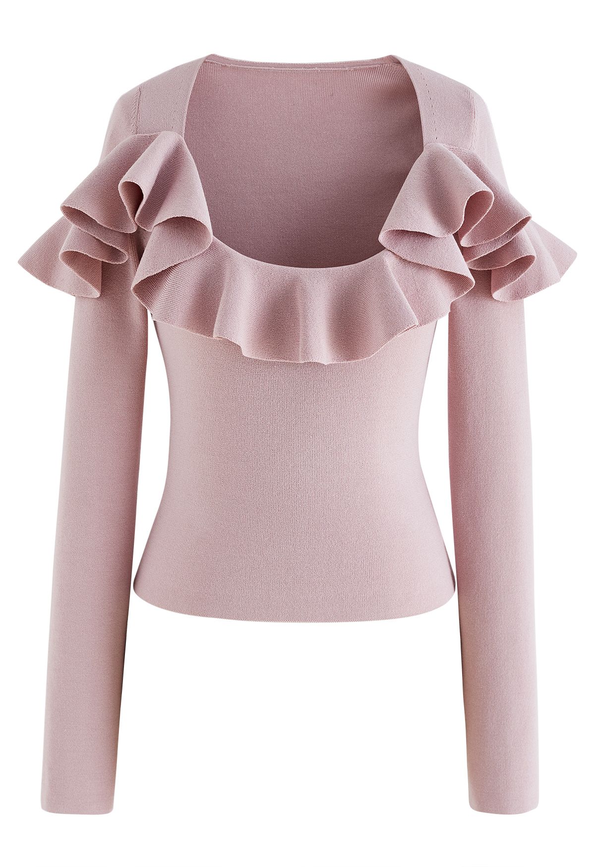Sassy Wide Ruffled Neckline Knit Top in Dusty Pink