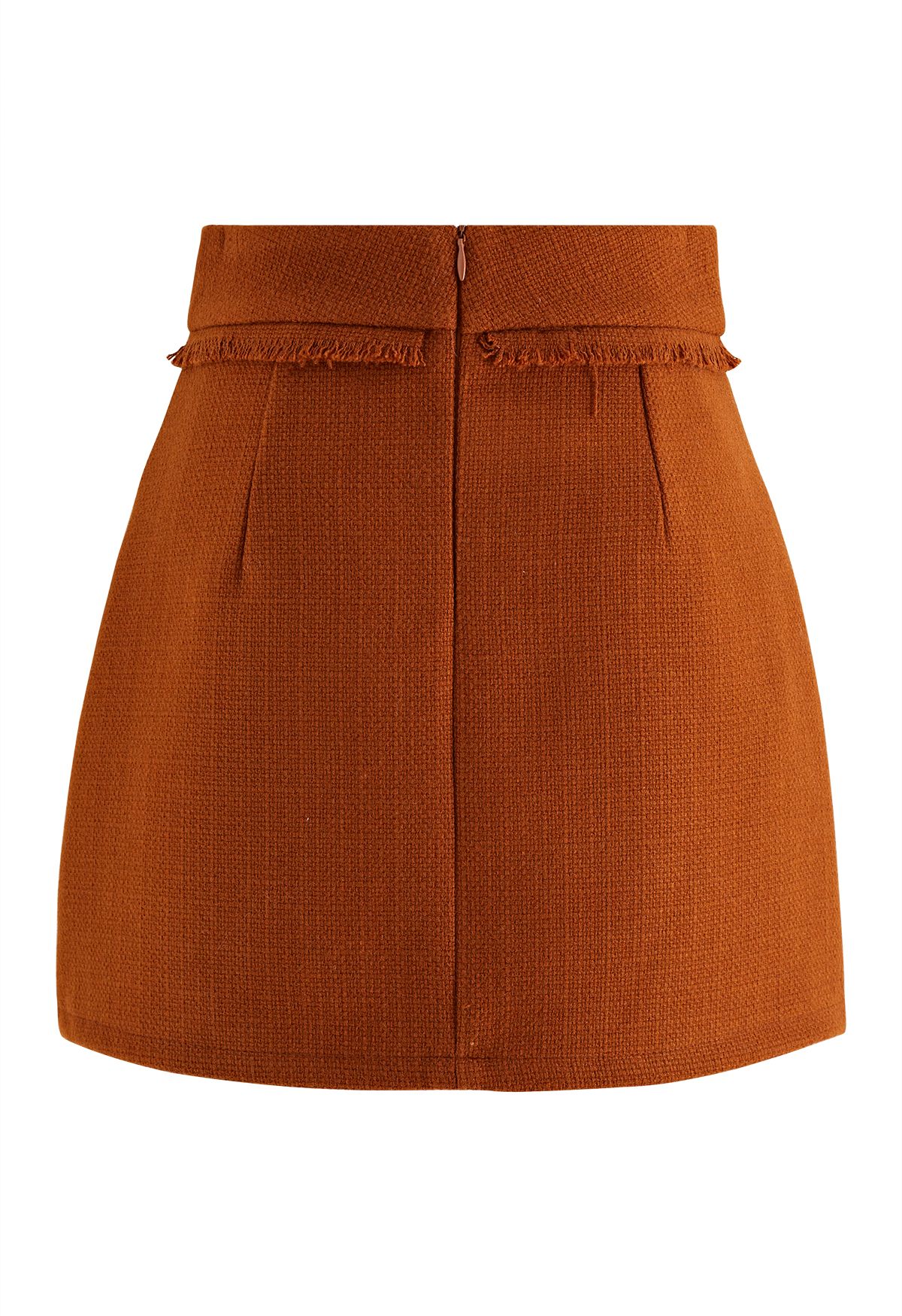 Fringe Trim Tweed Mini Bud Skirt in Orange