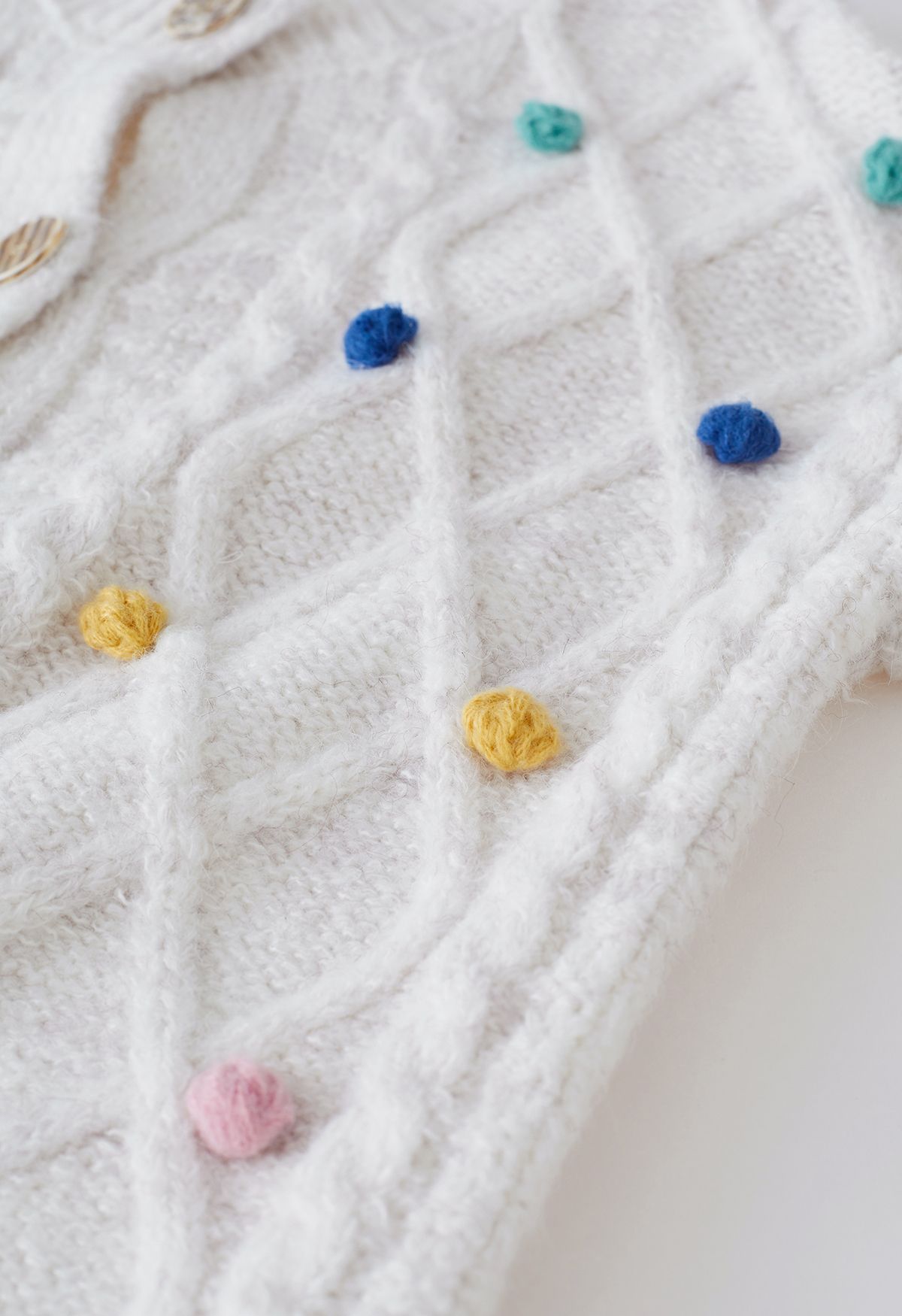 Colorful Pom-Pom Diamond Knit Cardigan in Ivory