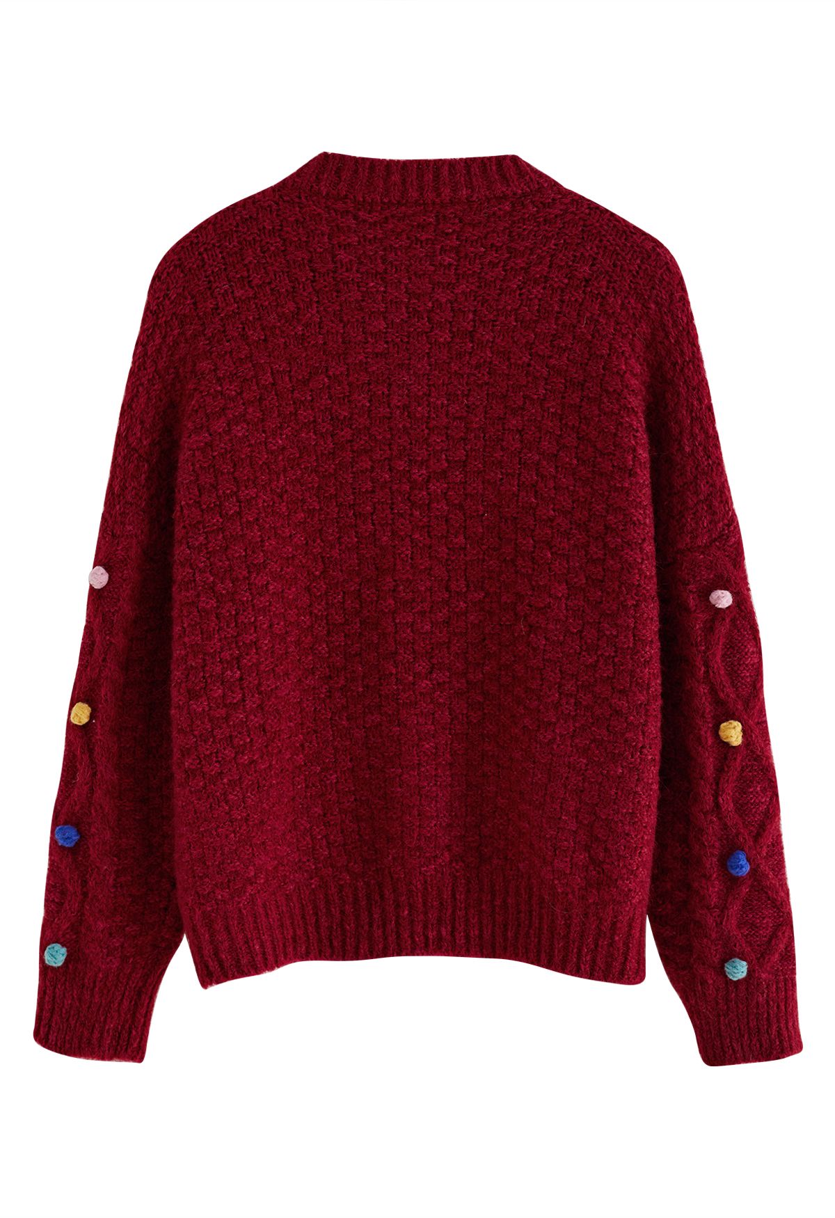 Colorful Pom-Pom Diamond Knit Cardigan in Red