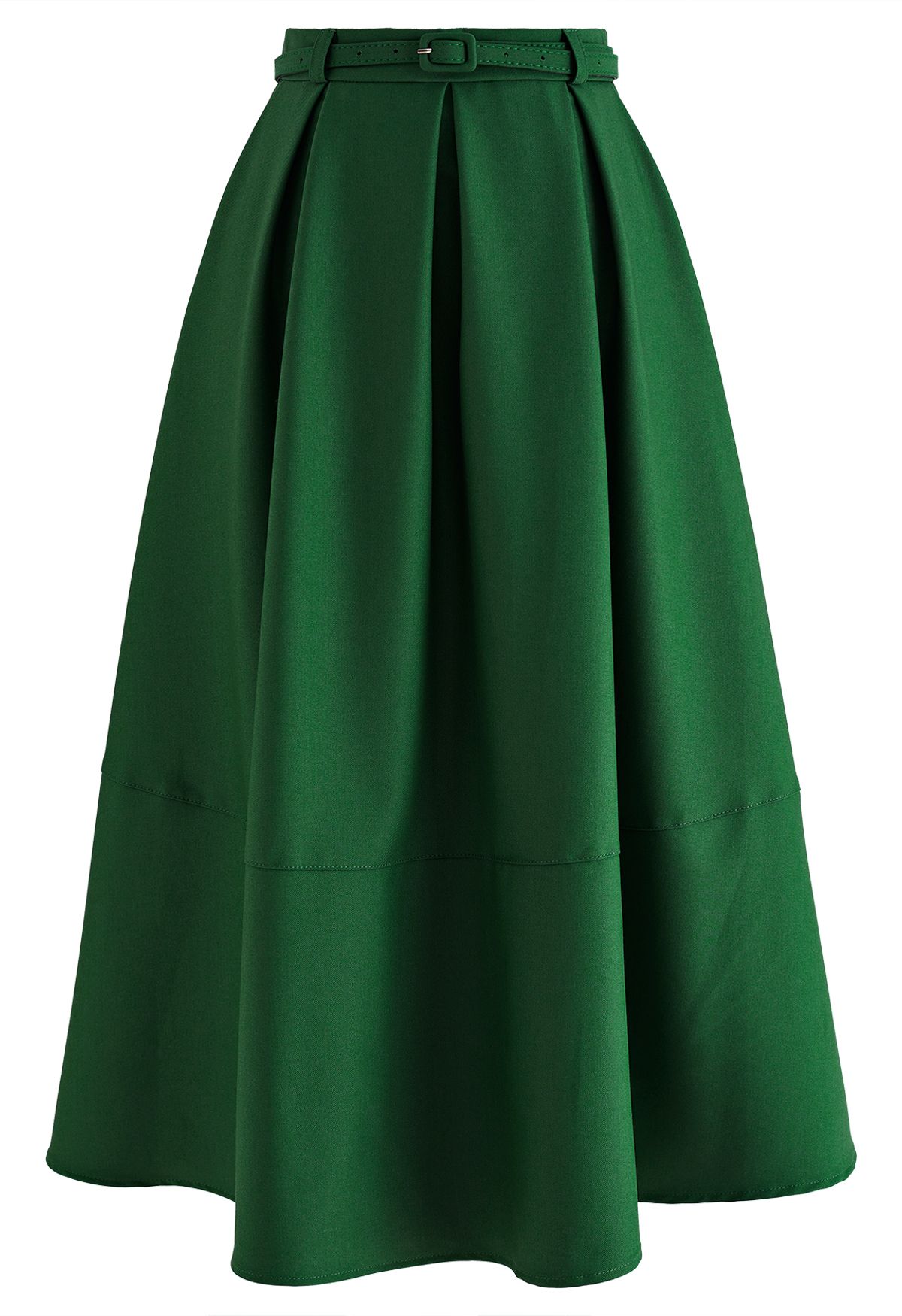 Side Pockets Pleated Belt Midi Skirt in Emerald