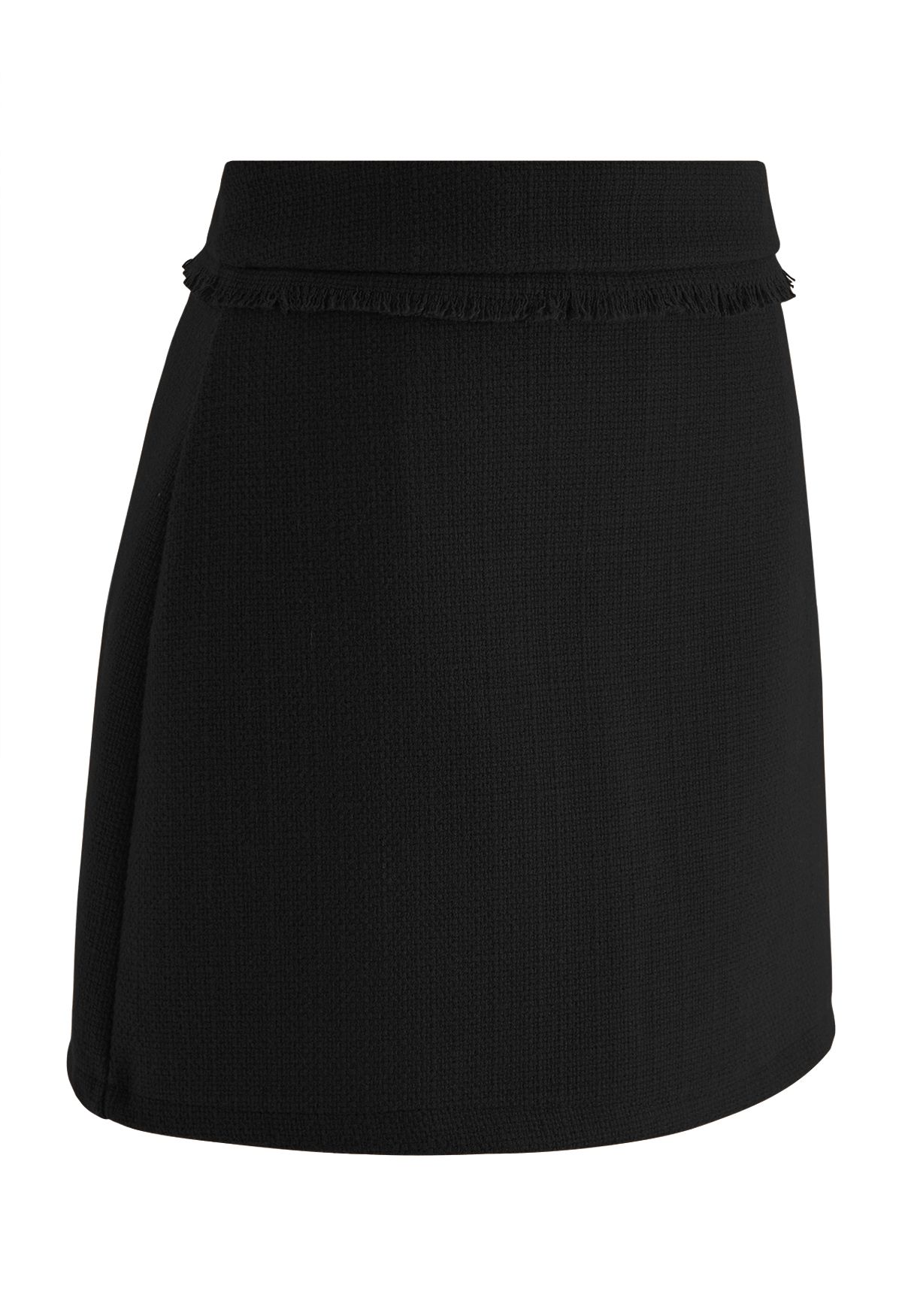 Fringe Trim Tweed Mini Bud Skirt in Black