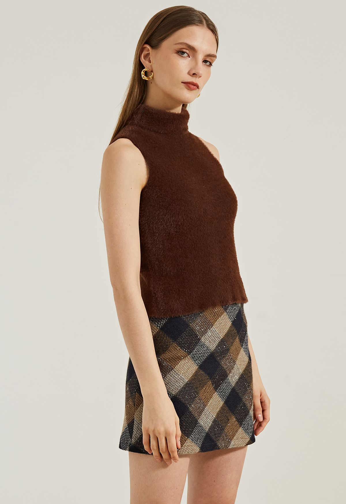 High Neck Fuzzy Knit Tank Top in Brown