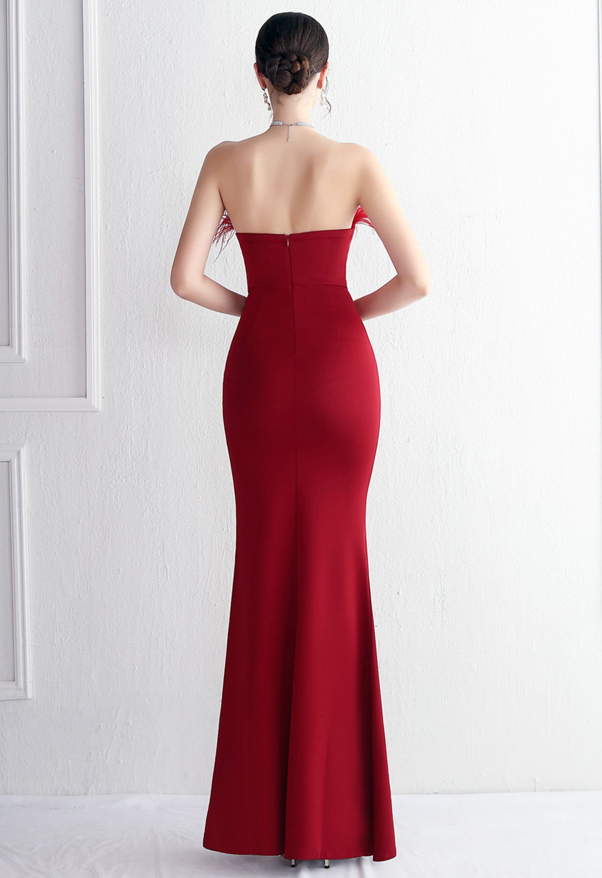 Feather Trim Strapless Slit Gown in Red