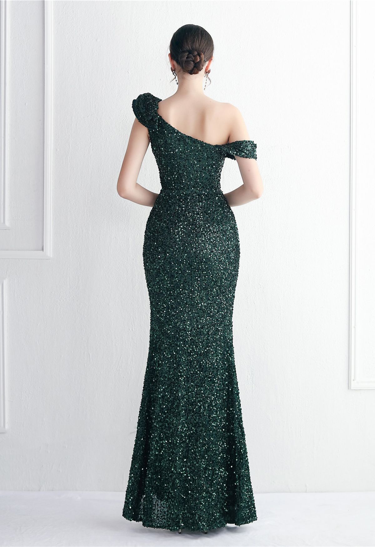 Tiered Ruffle One Shoulder Sequin Slit Gown in Dark Green