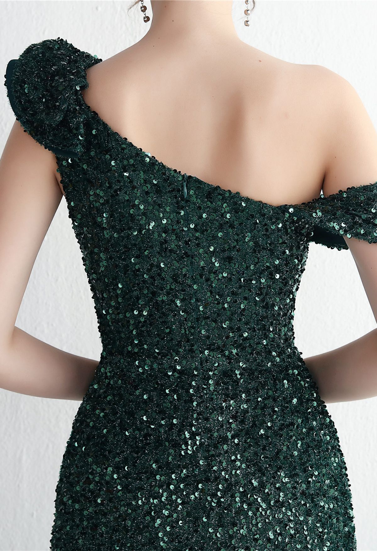 Tiered Ruffle One Shoulder Sequin Slit Gown in Dark Green