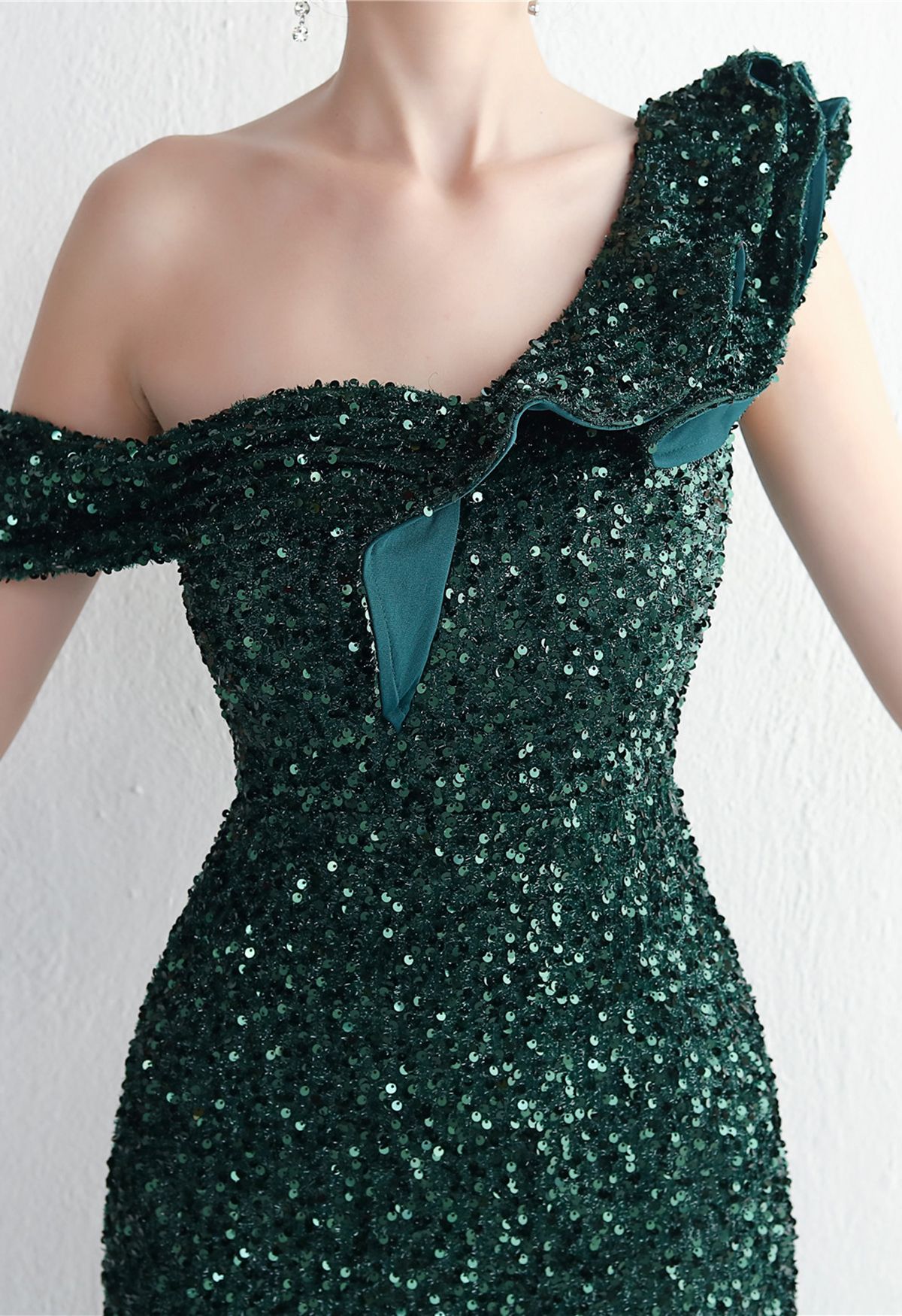 Tiered Ruffle One Shoulder Sequin Slit Gown in Dark Green