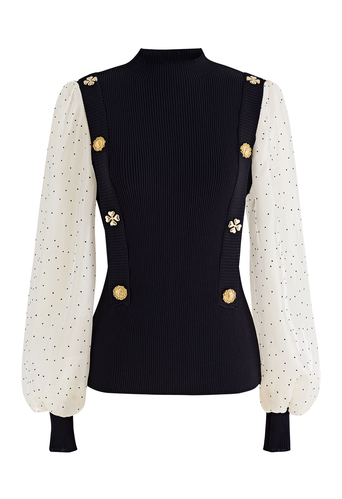 Spliced Dotted Sleeves Buttoned Knit Top in Black