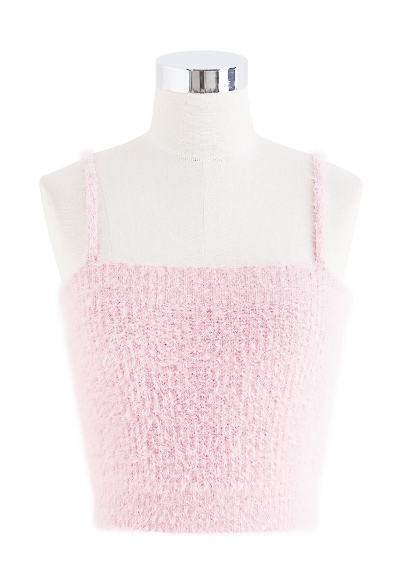 Extra Soft Fuzzy Knit Cami Top and Cardigan Set in Pink - Retro